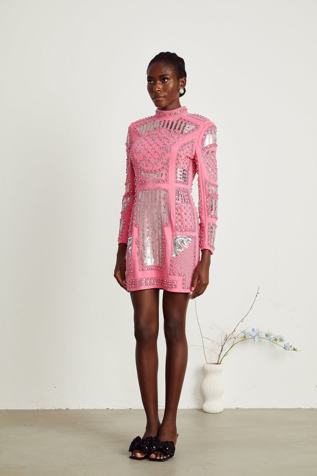 Rita Mini Dress Pink Crystal Beaded Zippered Glam