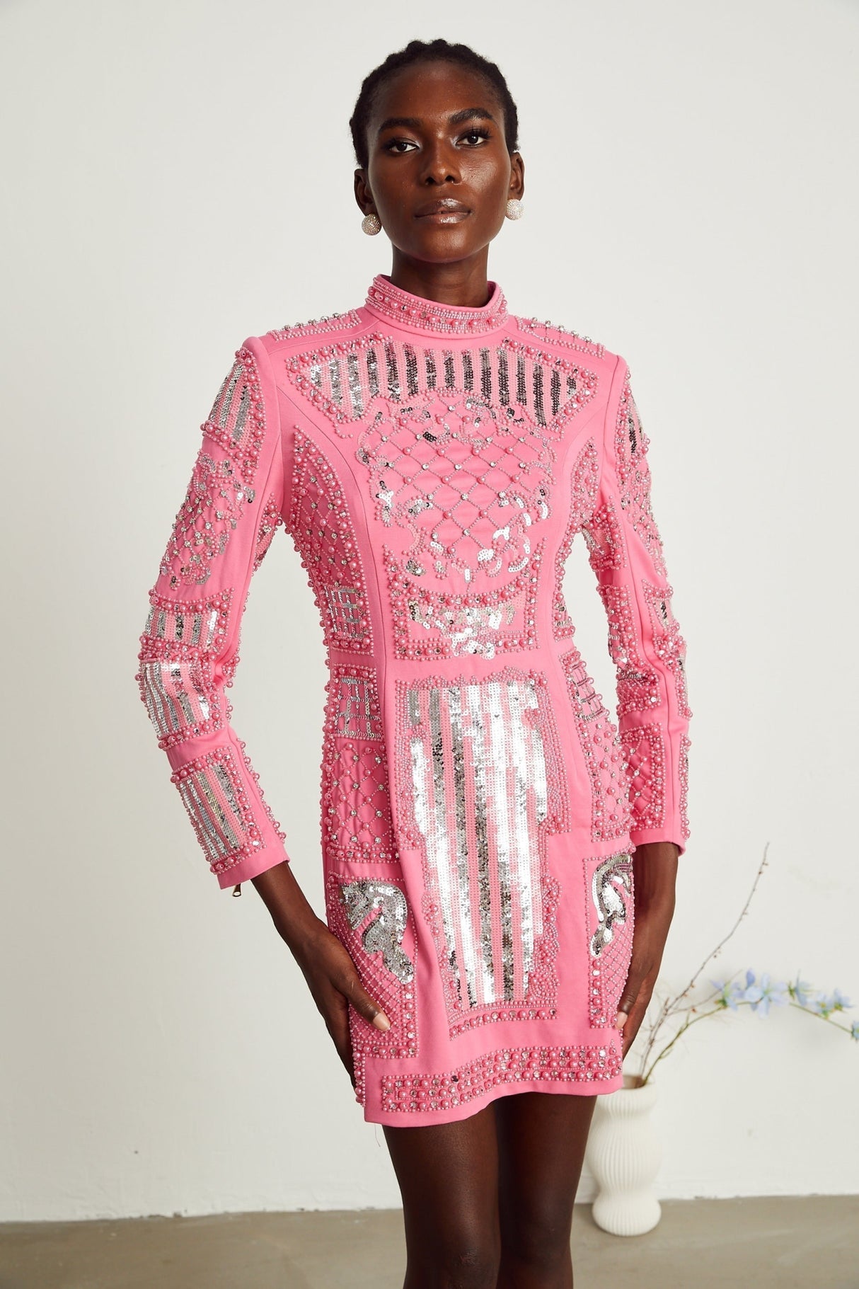 Rita Mini Dress Pink Crystal Beaded Zippered Glam