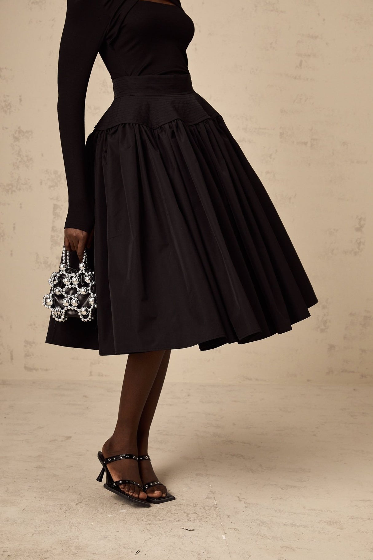 Rita Skirt Black Pleated Flared Midi & High Waist