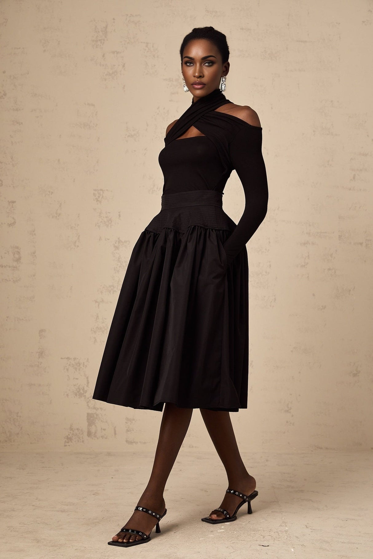 Rita Skirt Black Pleated Flared Midi & High Waist