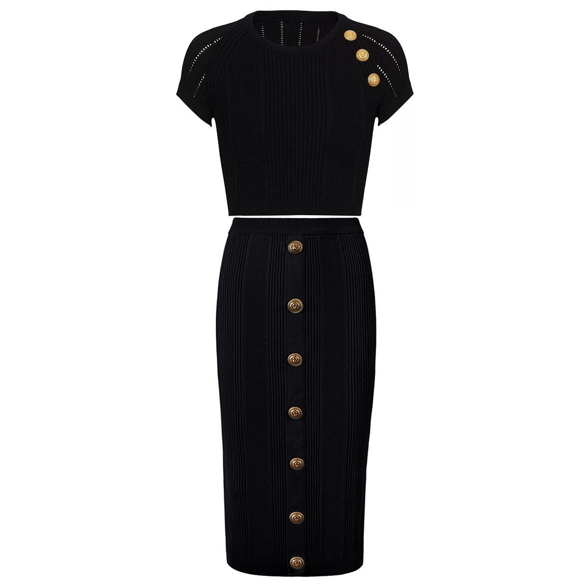 Rita Top & Skirt Set - Ribbed Texture - Gold Button Details - Fitted Silhouette - Knit Fabric - Elegant & Sophisticated