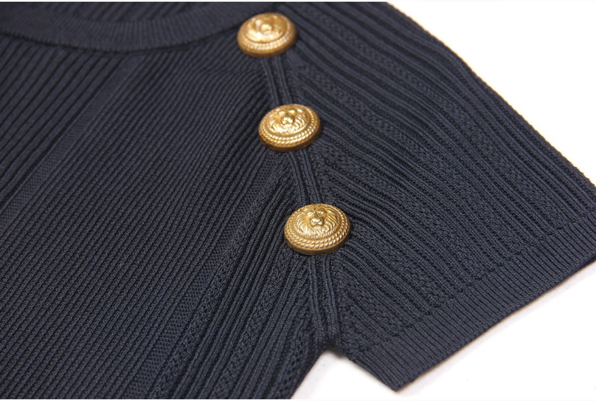 Rita Top & Skirt Set - Ribbed Texture - Gold Button Details - Fitted Silhouette - Knit Fabric - Elegant & Sophisticated