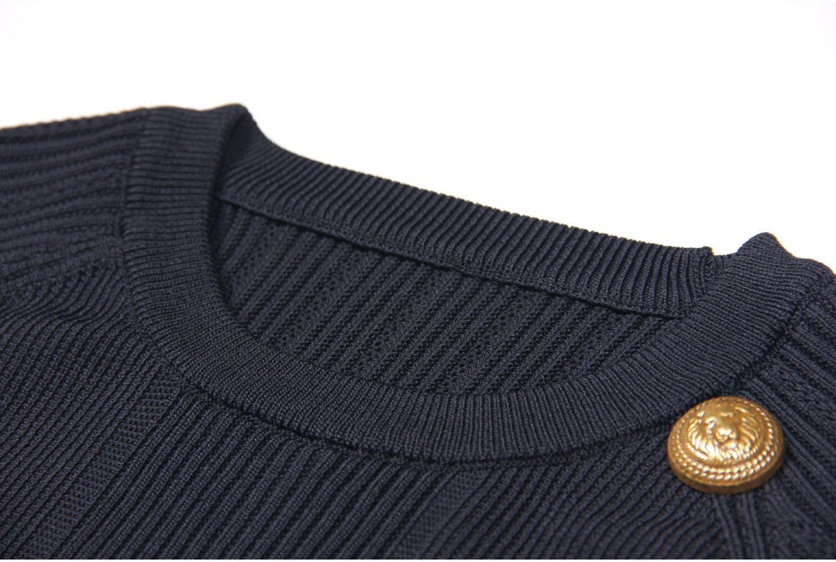 Rita Top & Skirt Set - Ribbed Texture - Gold Button Details - Fitted Silhouette - Knit Fabric - Elegant & Sophisticated