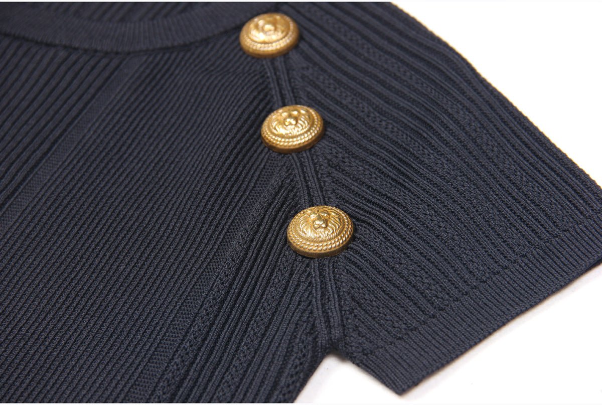 Rita Top & Skirt Set - Ribbed Texture - Gold Button Details - Fitted Silhouette - Knit Fabric - Elegant & Sophisticated