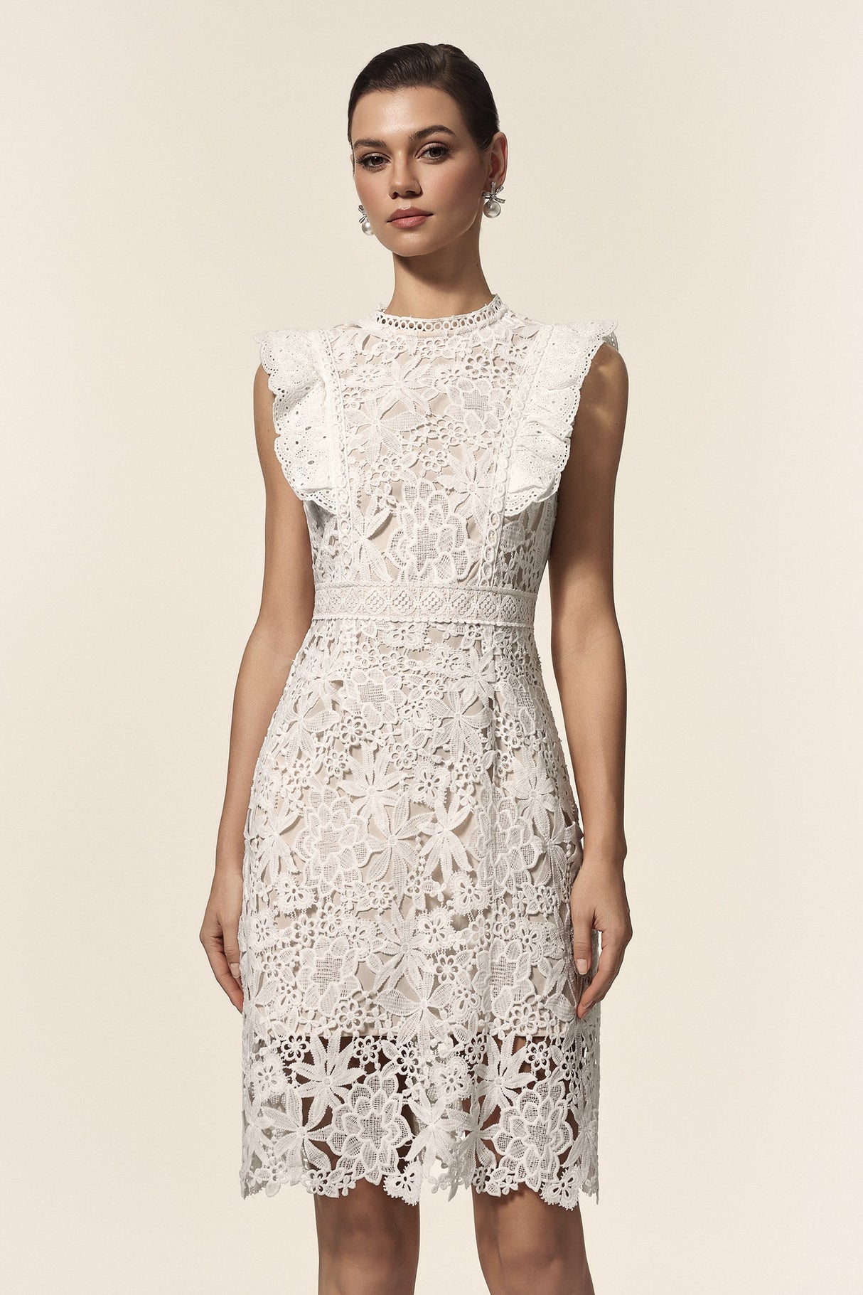 Rita White Lace Floral Mini Dress with Ruffled Accents