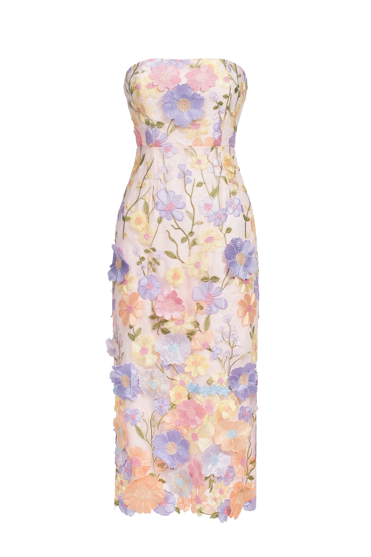 Teagan Midi Dress - Embroidered Strapless Neckline - Floral Detailing - Fitted Silhouette - Versatile Mid-Length - Soft Fabric Comfort