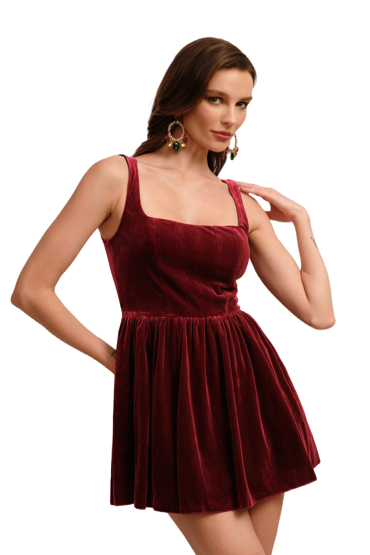 Rosalia Mini Dress - Sleeveless - Velvet Fabric - Flared Skirt - Neckline - Versatile Fit