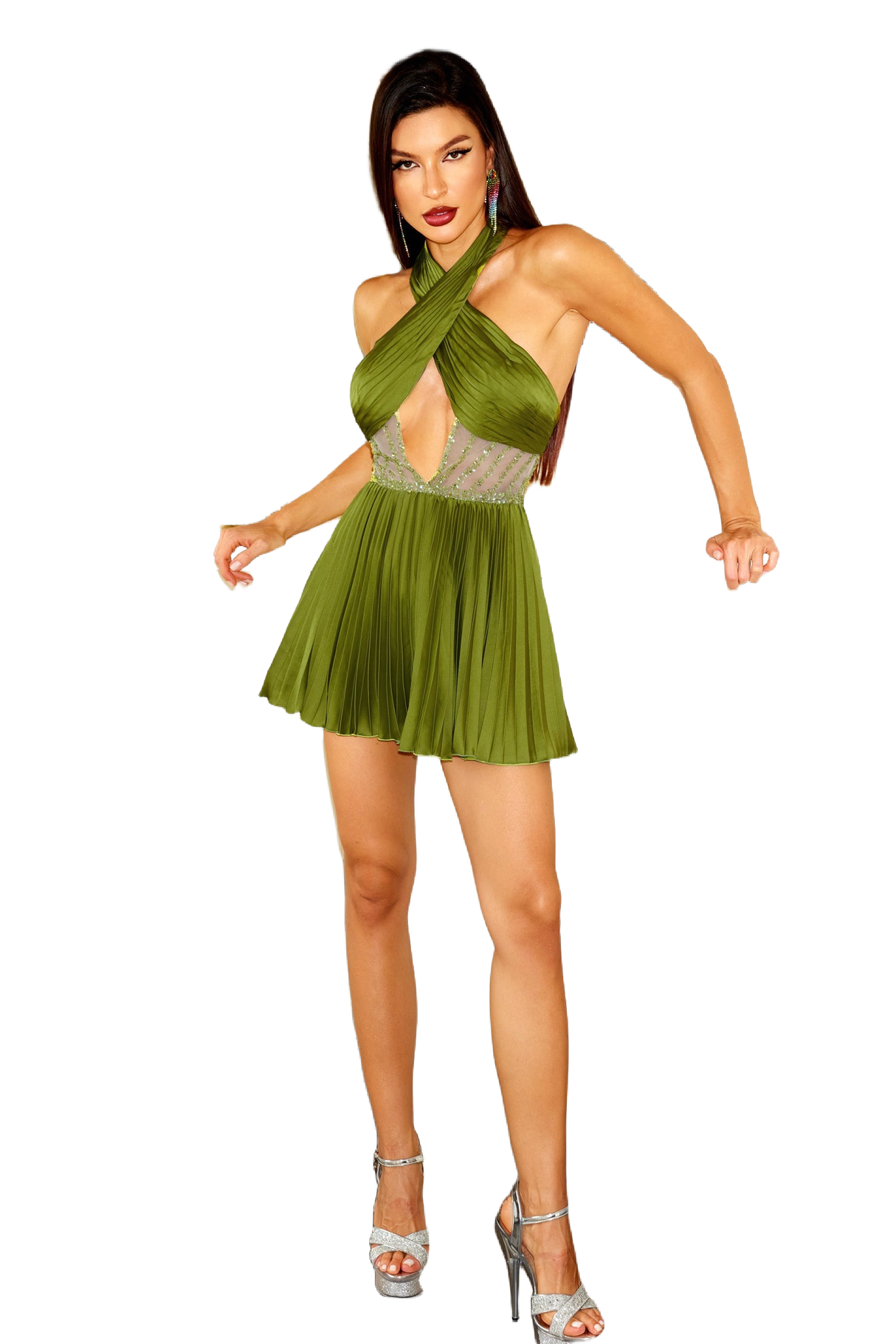 Filomena Mini Dress - Cross Halter Neckline - Sequins Detailing - Cut Out - Pleated Skirt - Lightweight Fabric