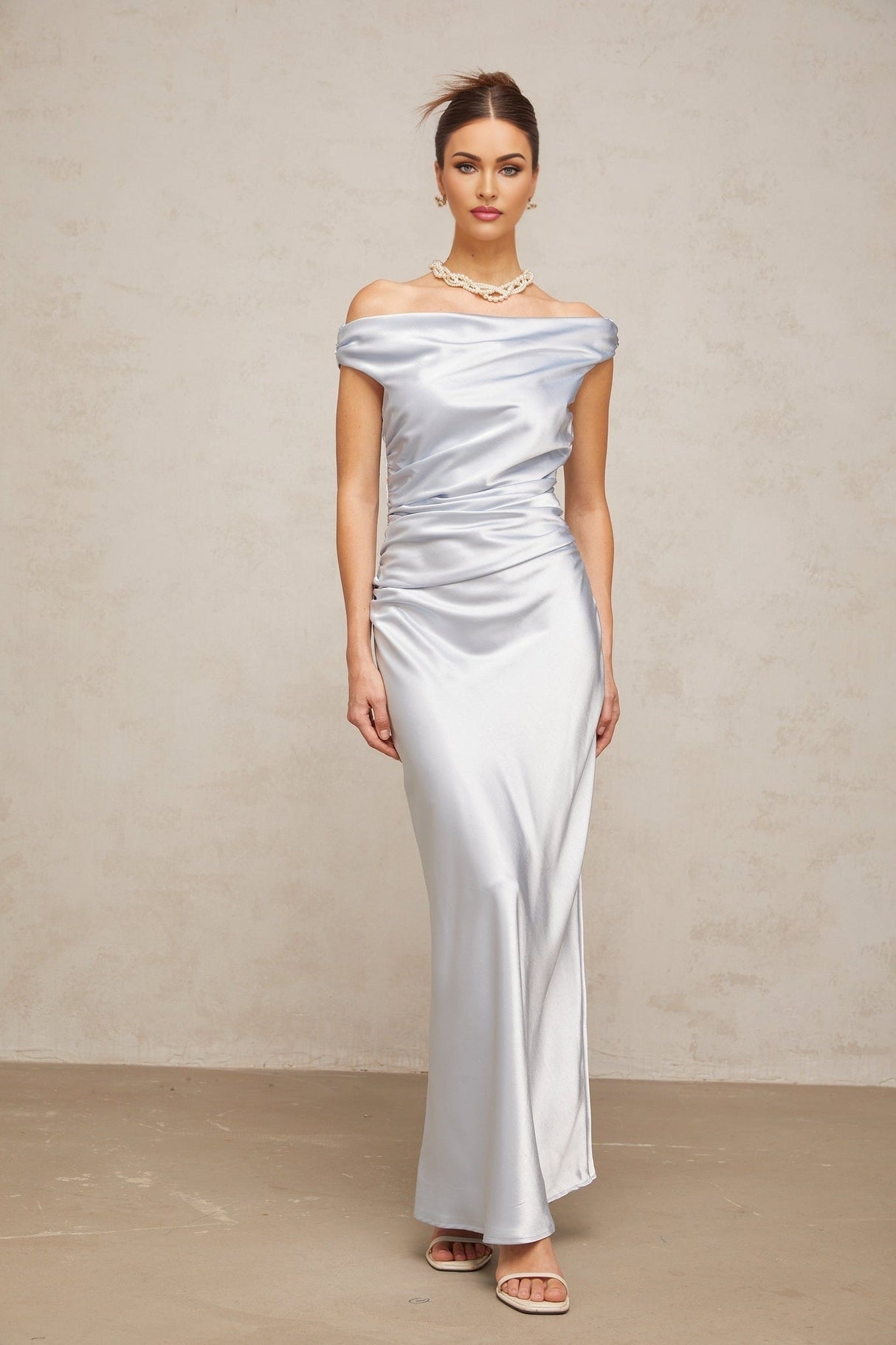 Roberta Maxi Dress in Vibrant Blue with Off - Shoulder Neckline & Ruched Detailing