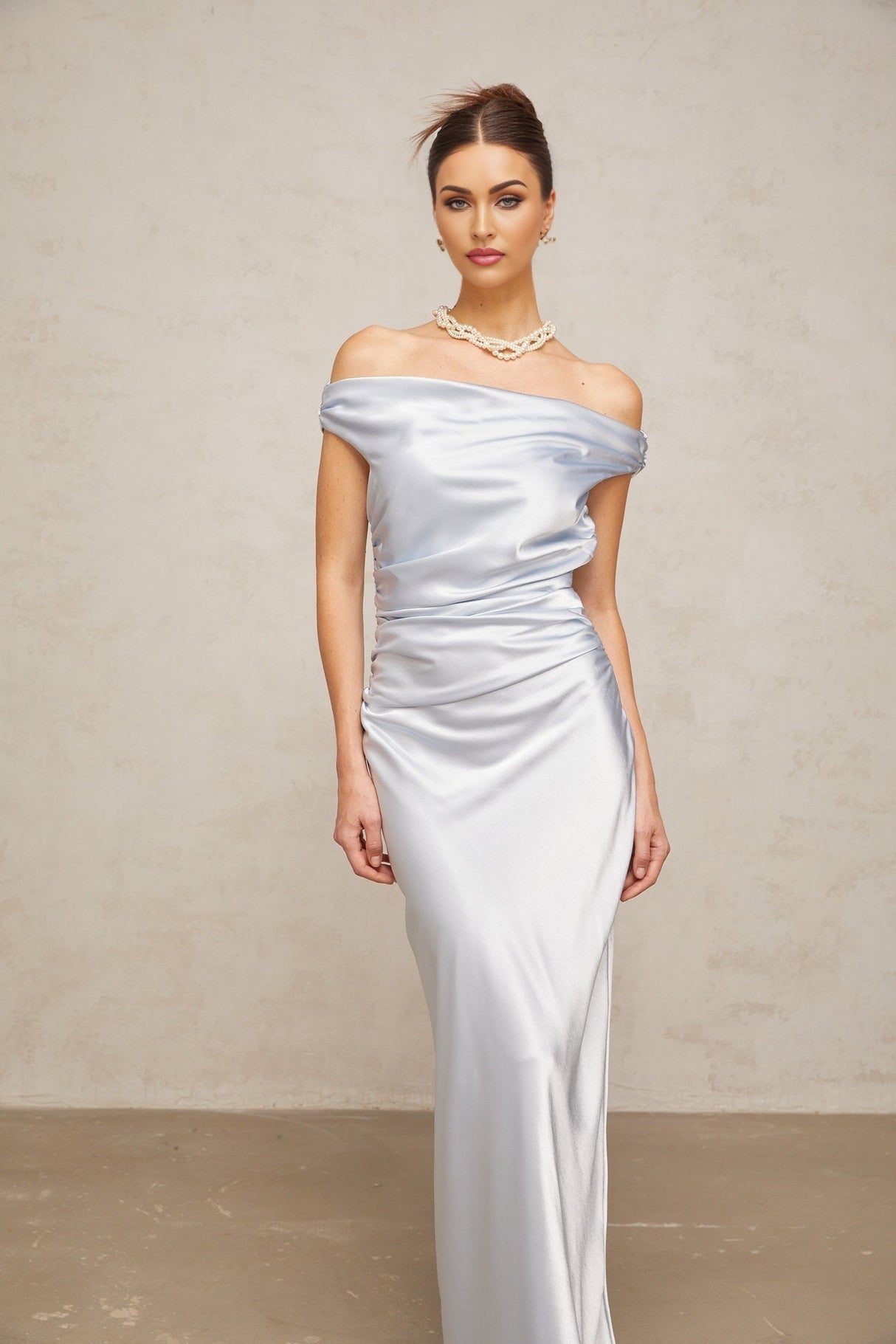 Roberta Maxi Dress in Vibrant Blue with Off - Shoulder Neckline & Ruched Detailing