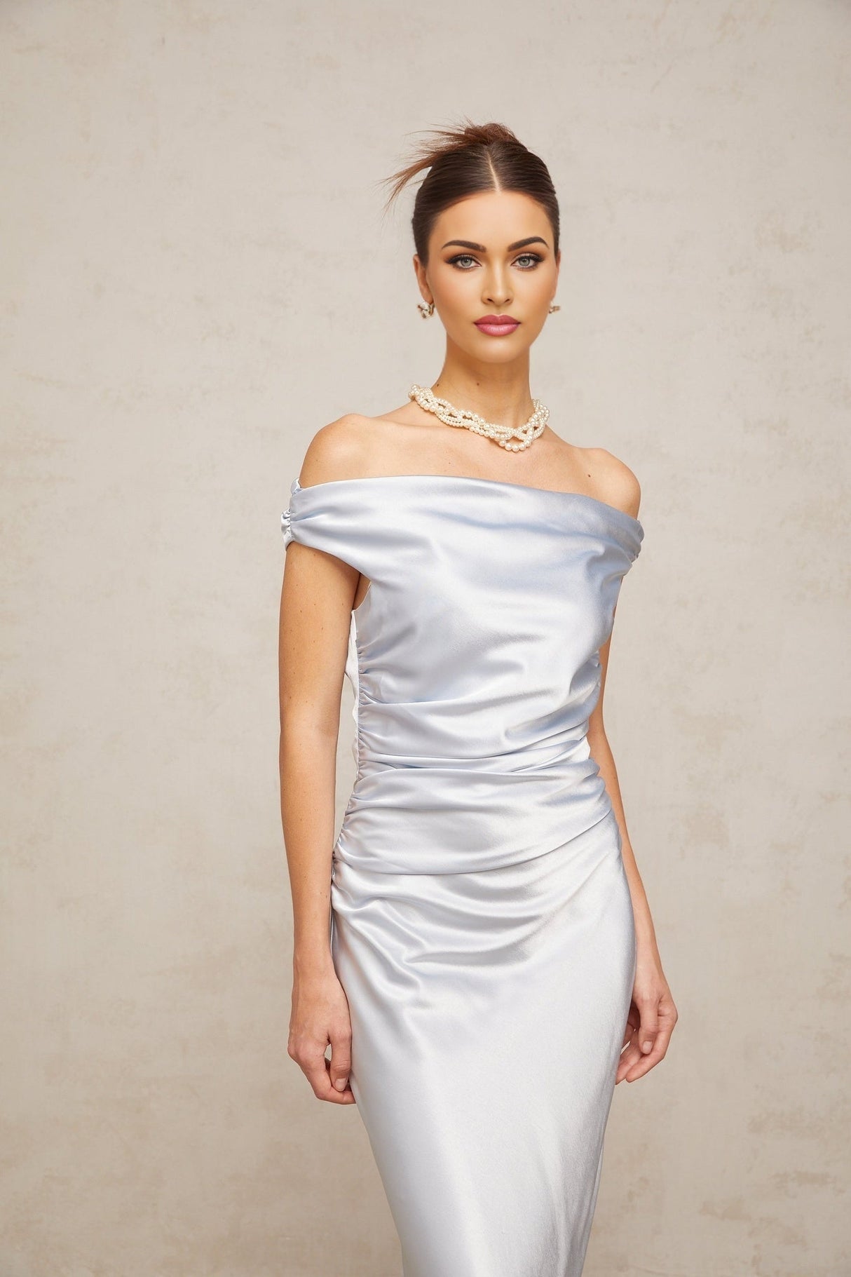 Roberta Maxi Dress in Vibrant Blue with Off - Shoulder Neckline & Ruched Detailing