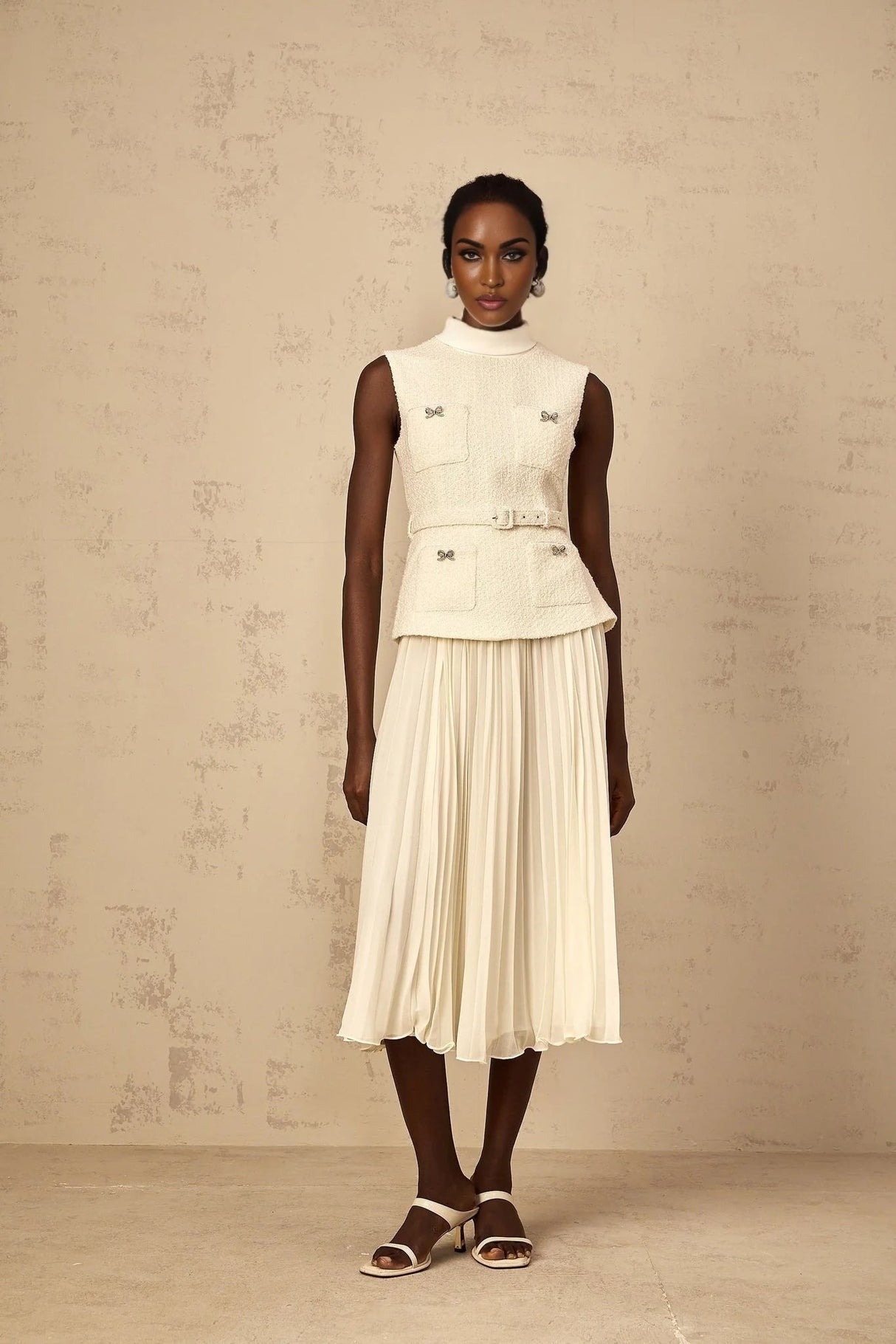 Roberta Midi Dress Off - White Tweed & Tulle Bow Embellished