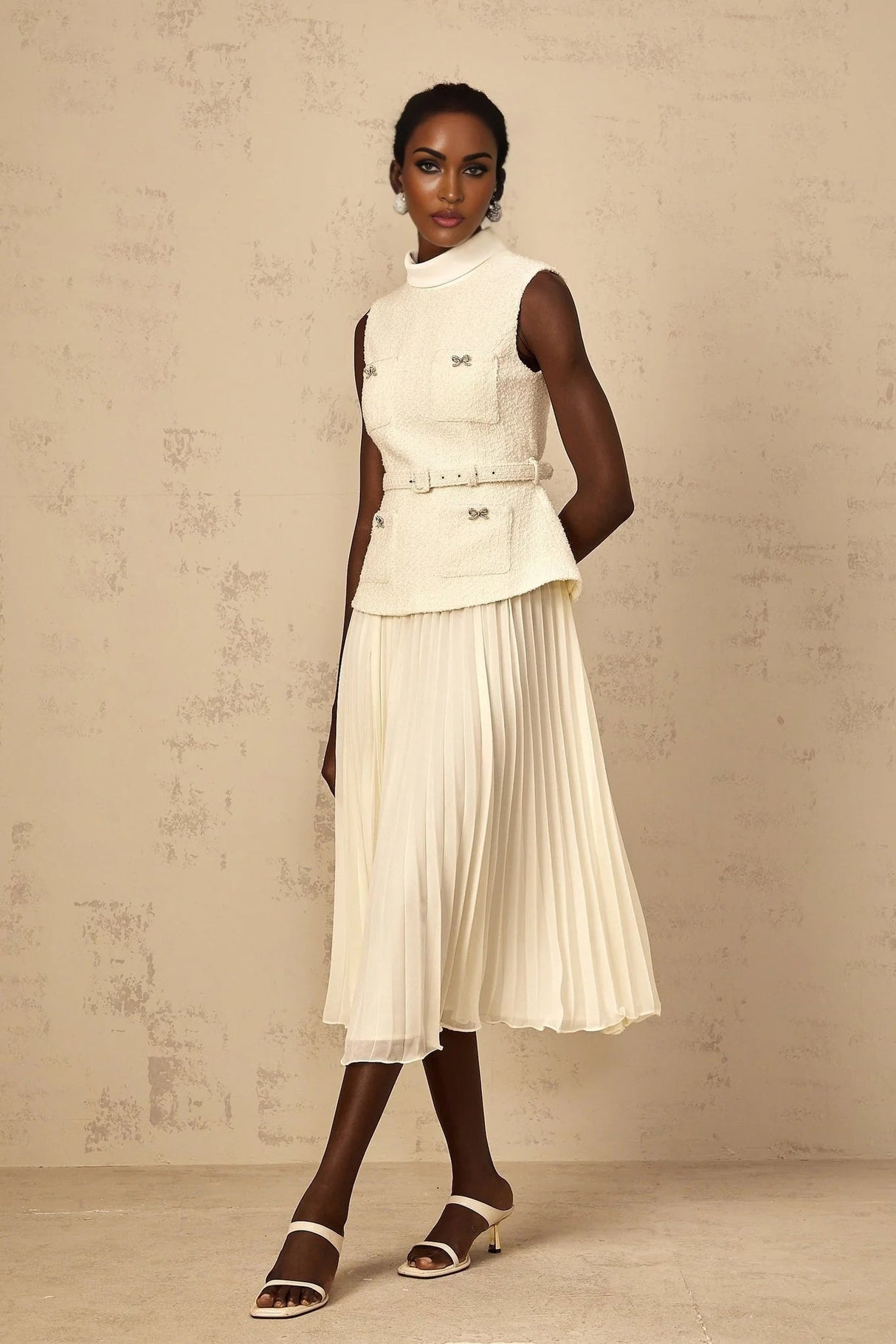 Roberta Midi Dress Off - White Tweed & Tulle Bow Embellished