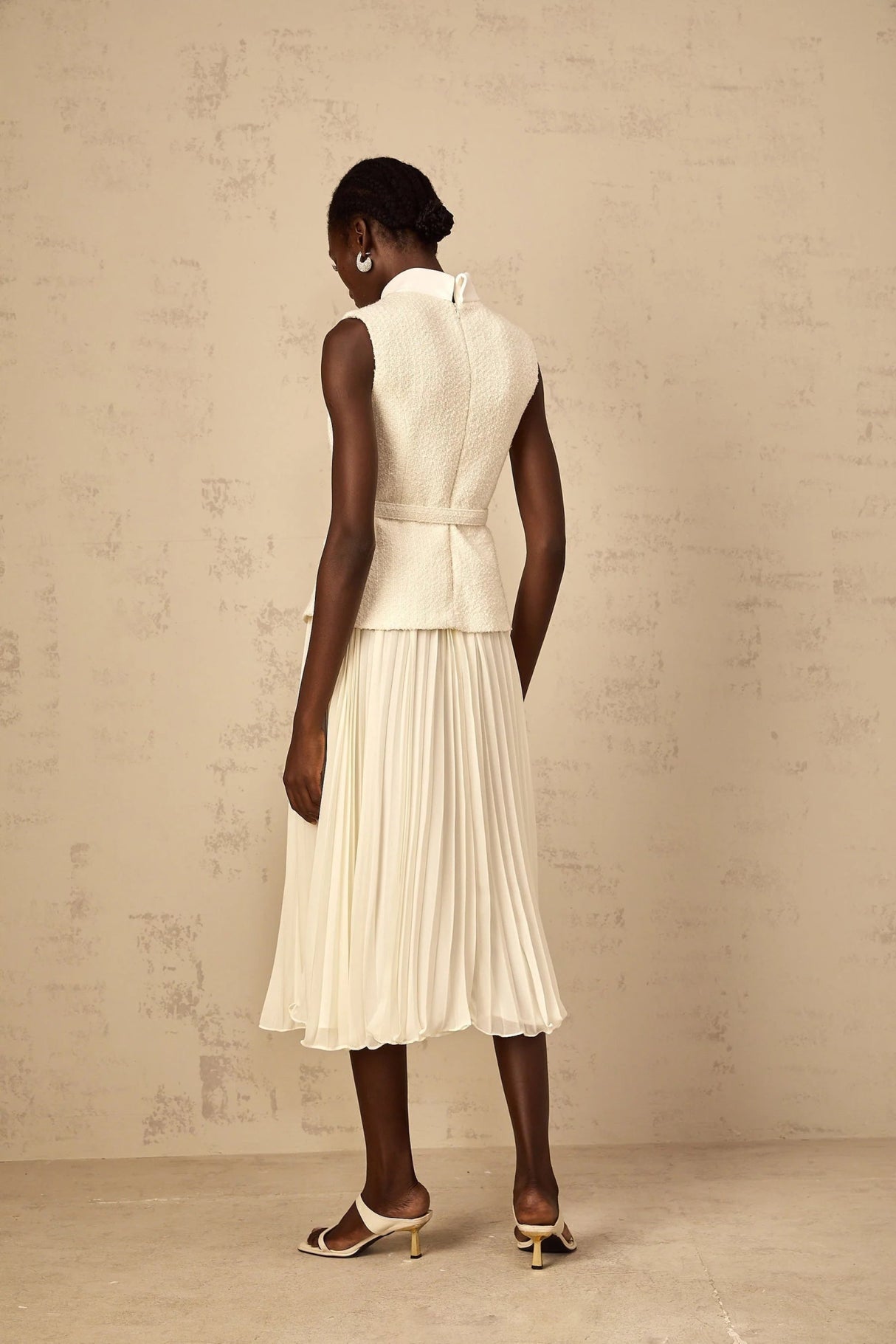 Roberta Midi Dress Off - White Tweed & Tulle Bow Embellished