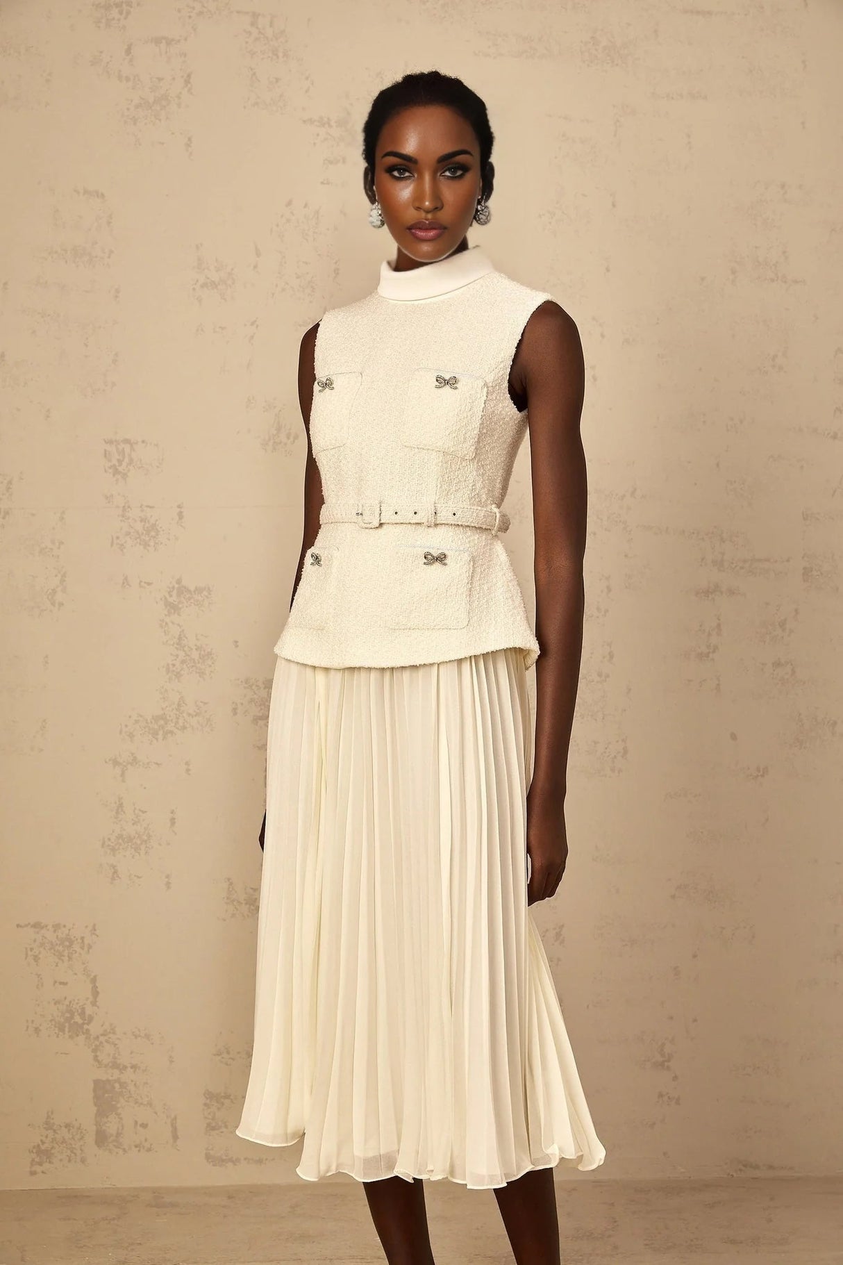 Roberta Midi Dress Off - White Tweed & Tulle Bow Embellished