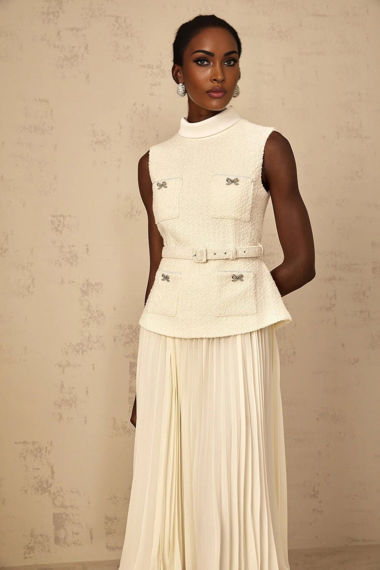 Roberta Midi Dress Off - White Tweed & Tulle Bow Embellished