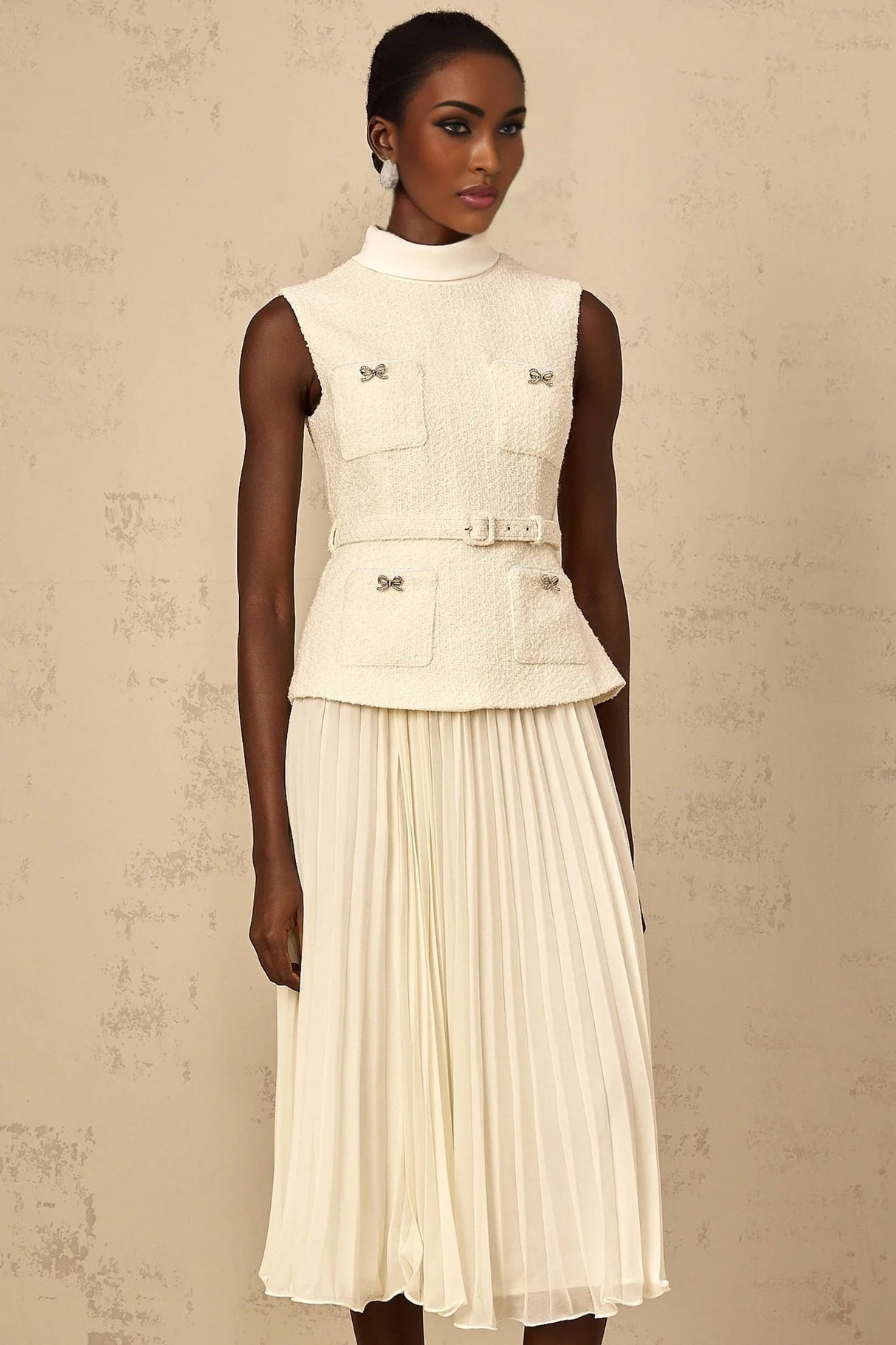 Roberta Midi Dress Off - White Tweed & Tulle Bow Embellished