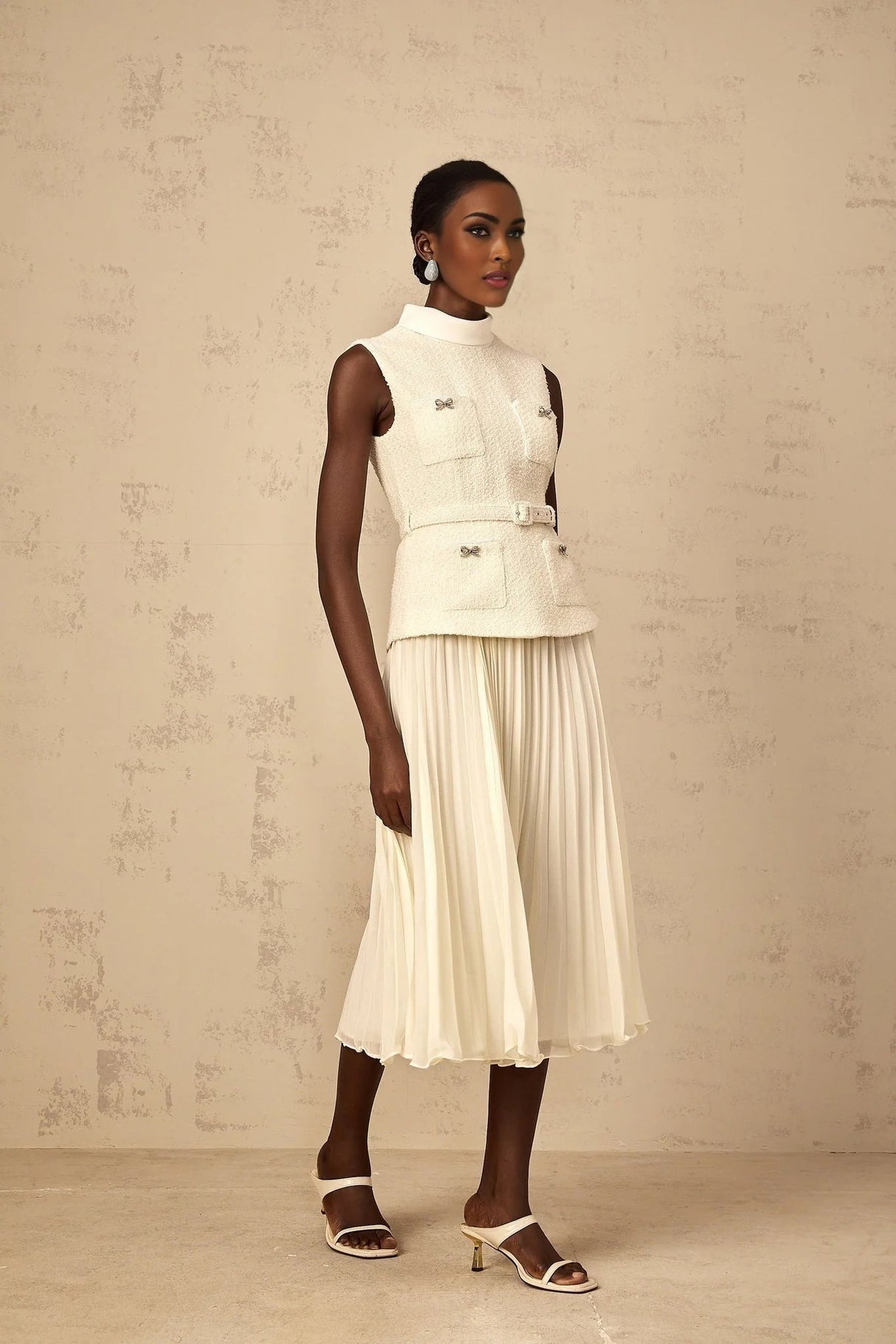 Roberta Midi Dress Off - White Tweed & Tulle Bow Embellished