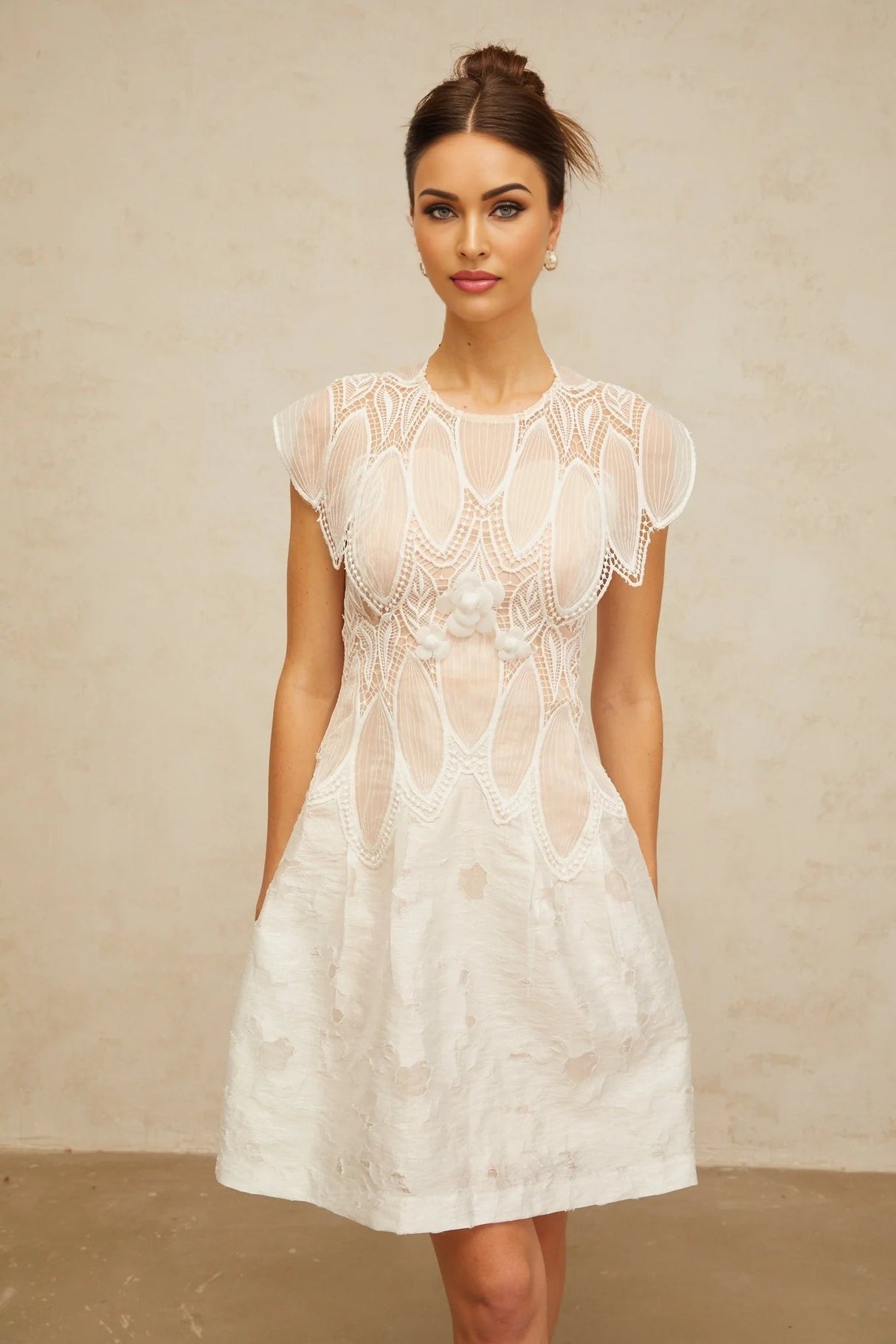 Roberta Mini Dress White 3D - Petal Lace Trimmed