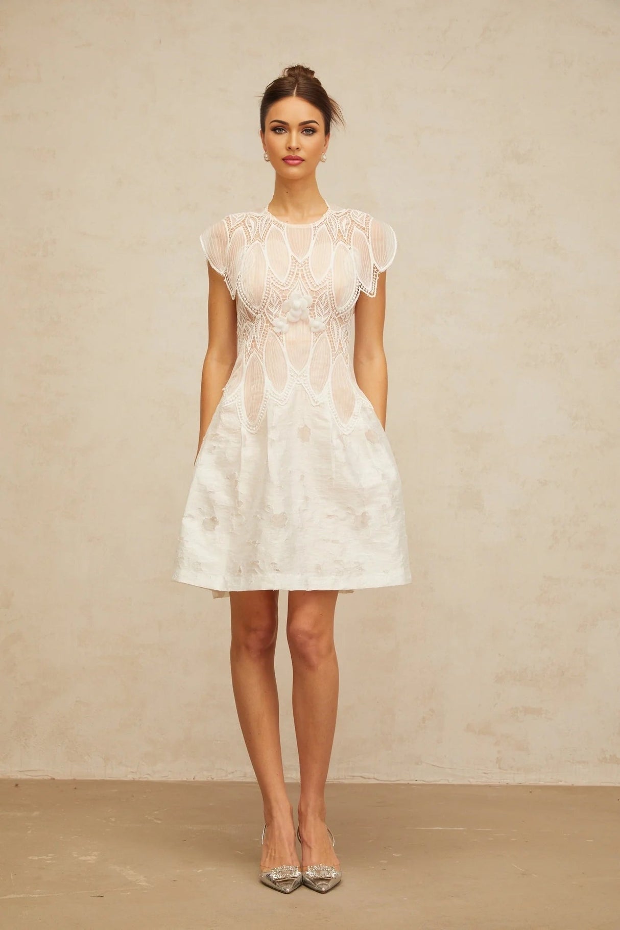 Roberta Mini Dress White 3D - Petal Lace Trimmed