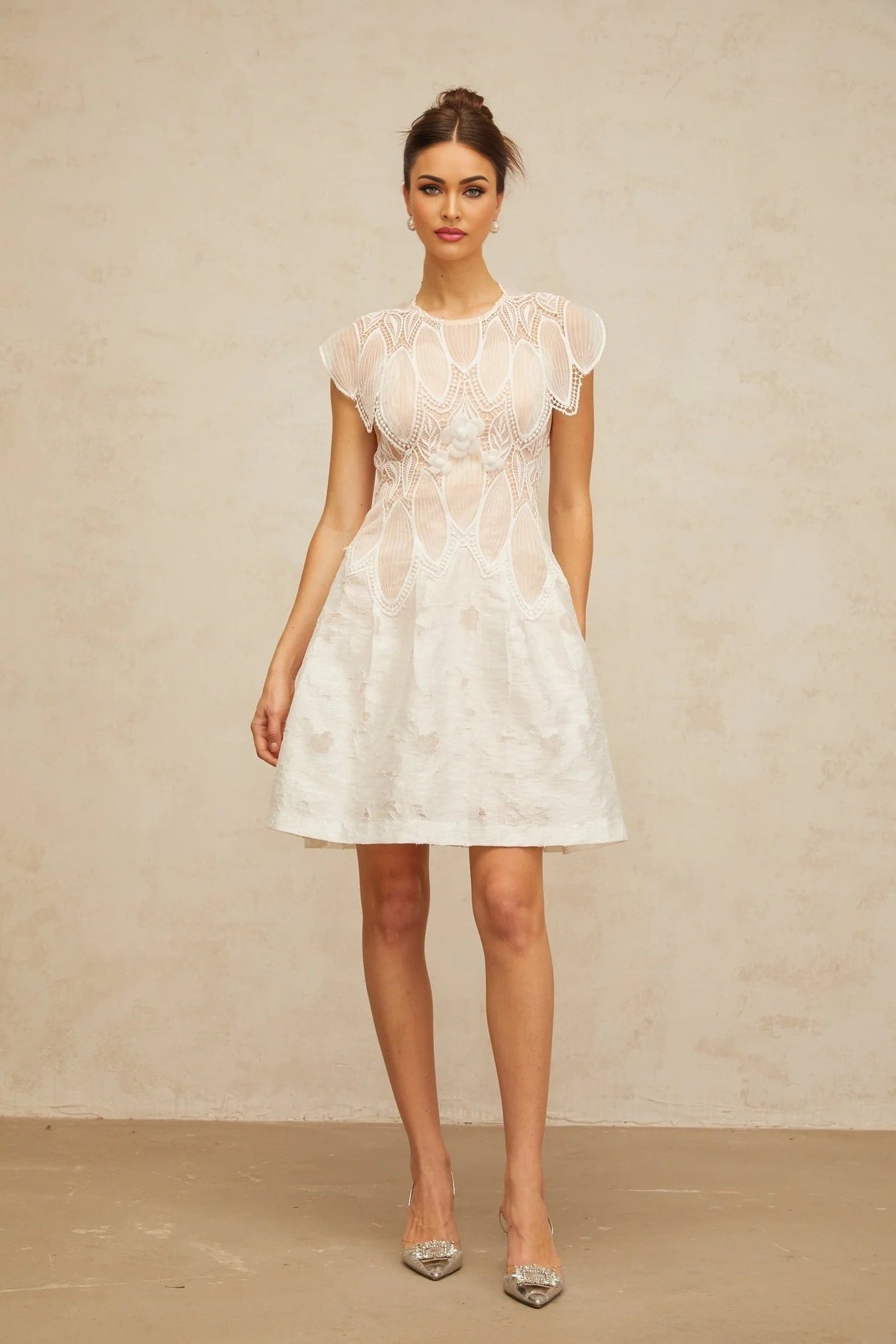 Roberta Mini Dress White 3D - Petal Lace Trimmed