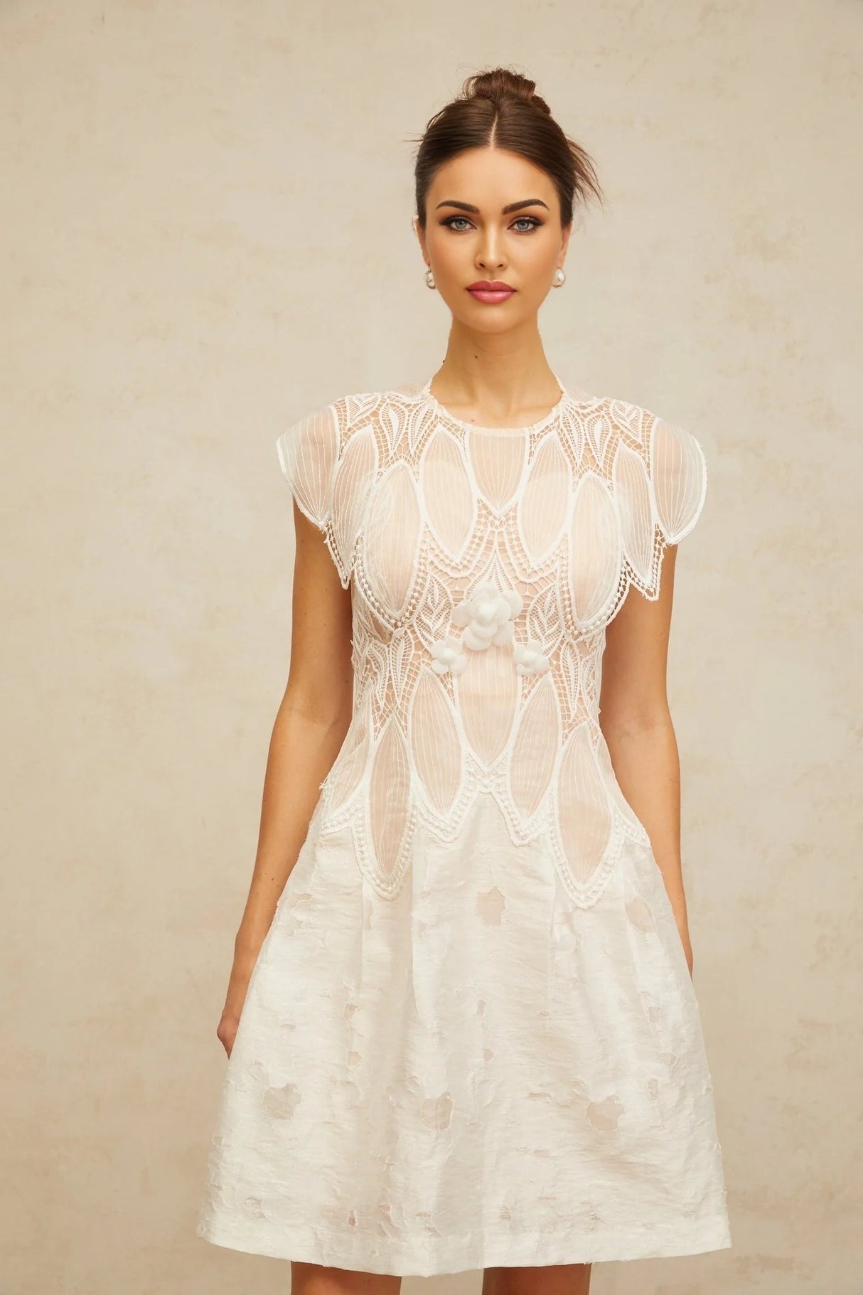 Roberta Mini Dress White 3D - Petal Lace Trimmed