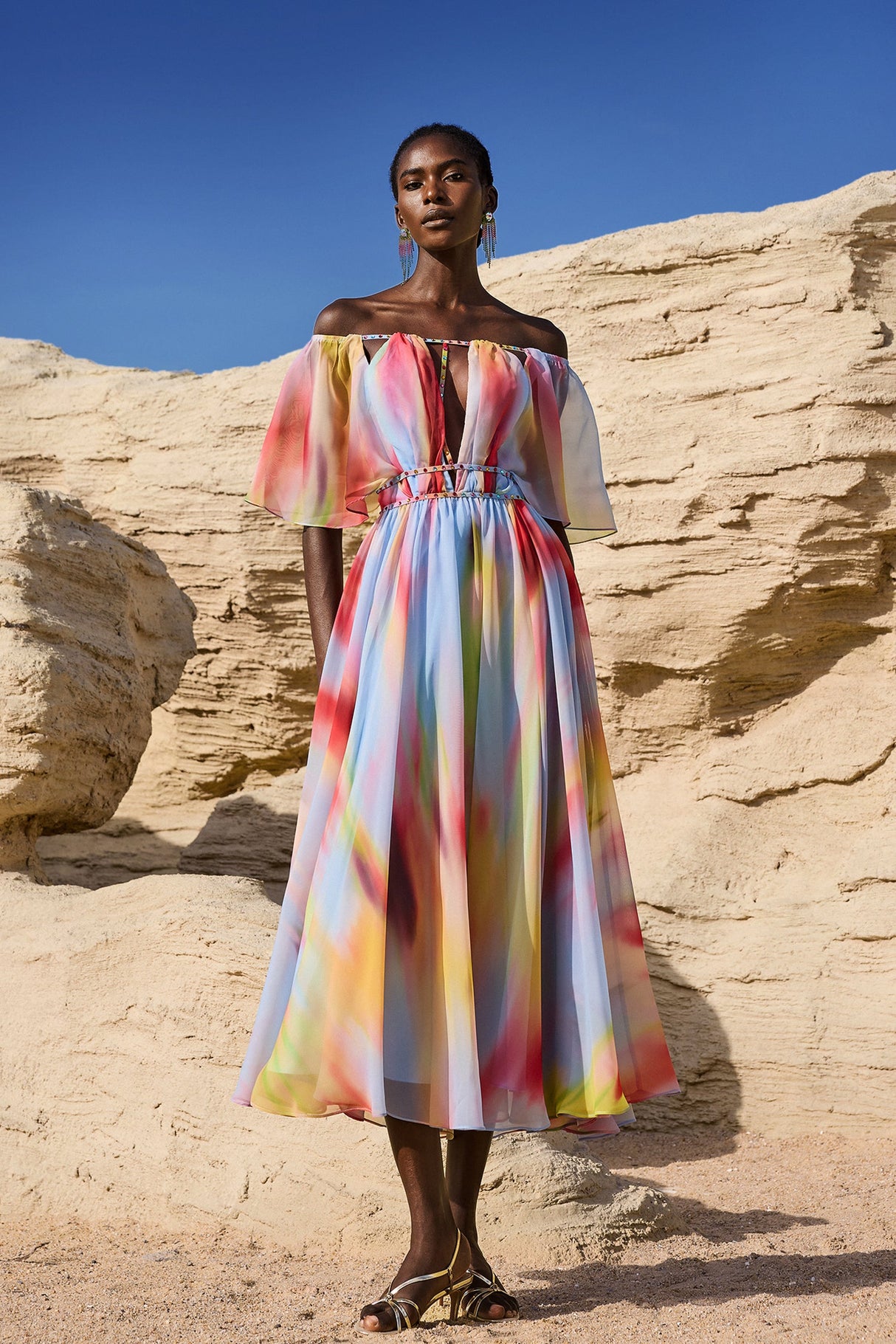 Roberta Multicolor Off-the-Shoulder Hollow Out Dress with Flowing Silhouette and Waist Detailing