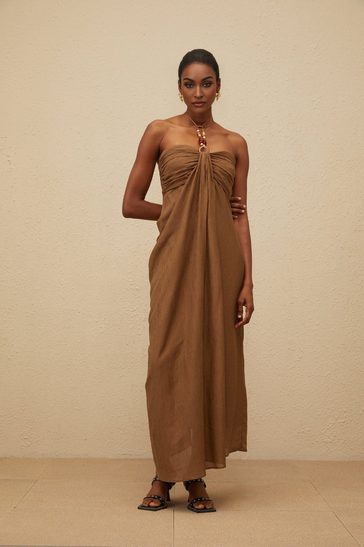 Rory Maxi Dress - halter neck - Open Back - Ruched Detailing - Rear Slit