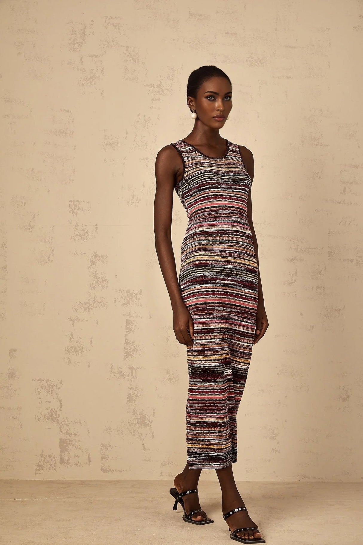 Rory Midi Dress Purple Striped Crochet Knit Sleeveless Straight Hem