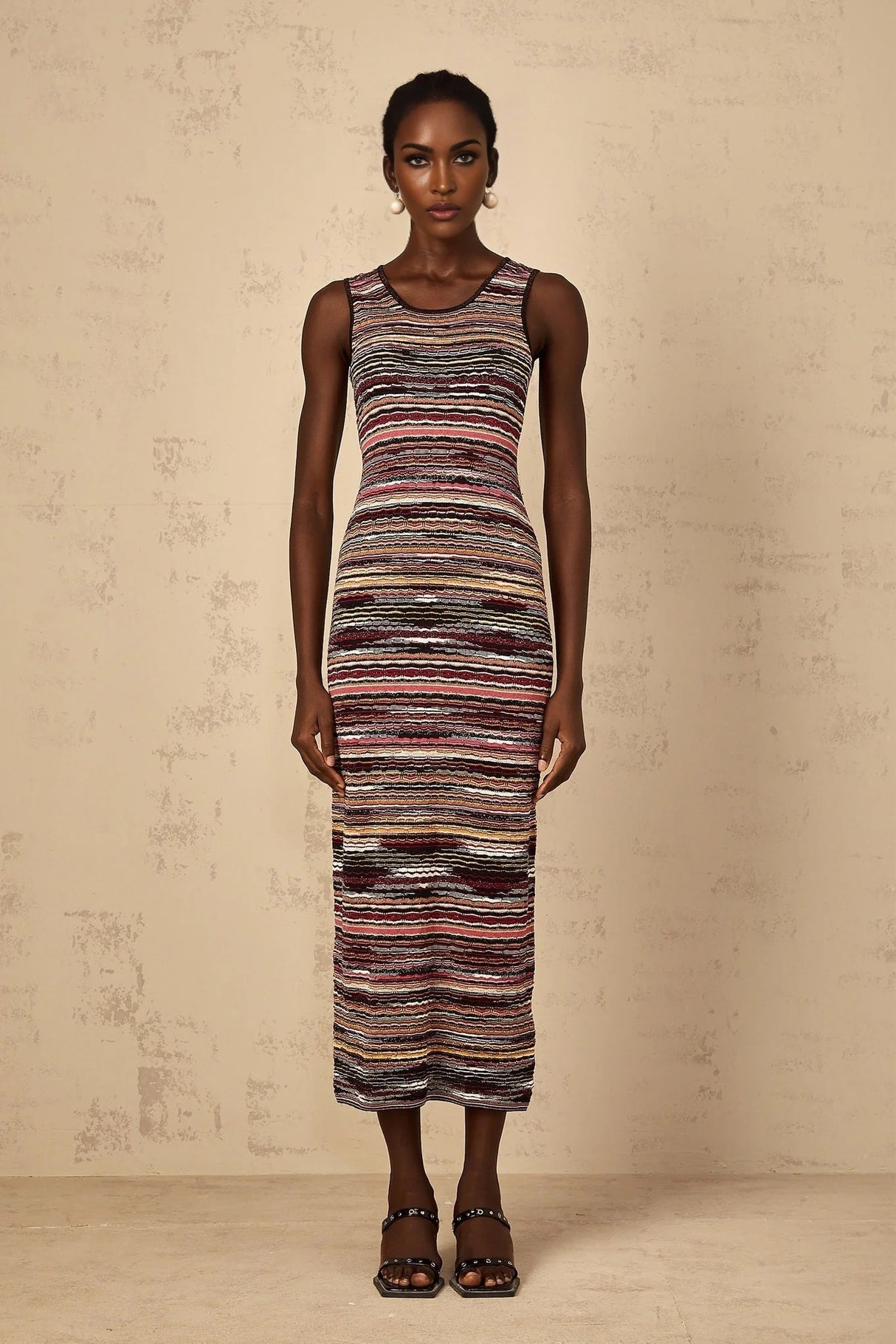 Rory Midi Dress Purple Striped Crochet Knit Sleeveless Straight Hem