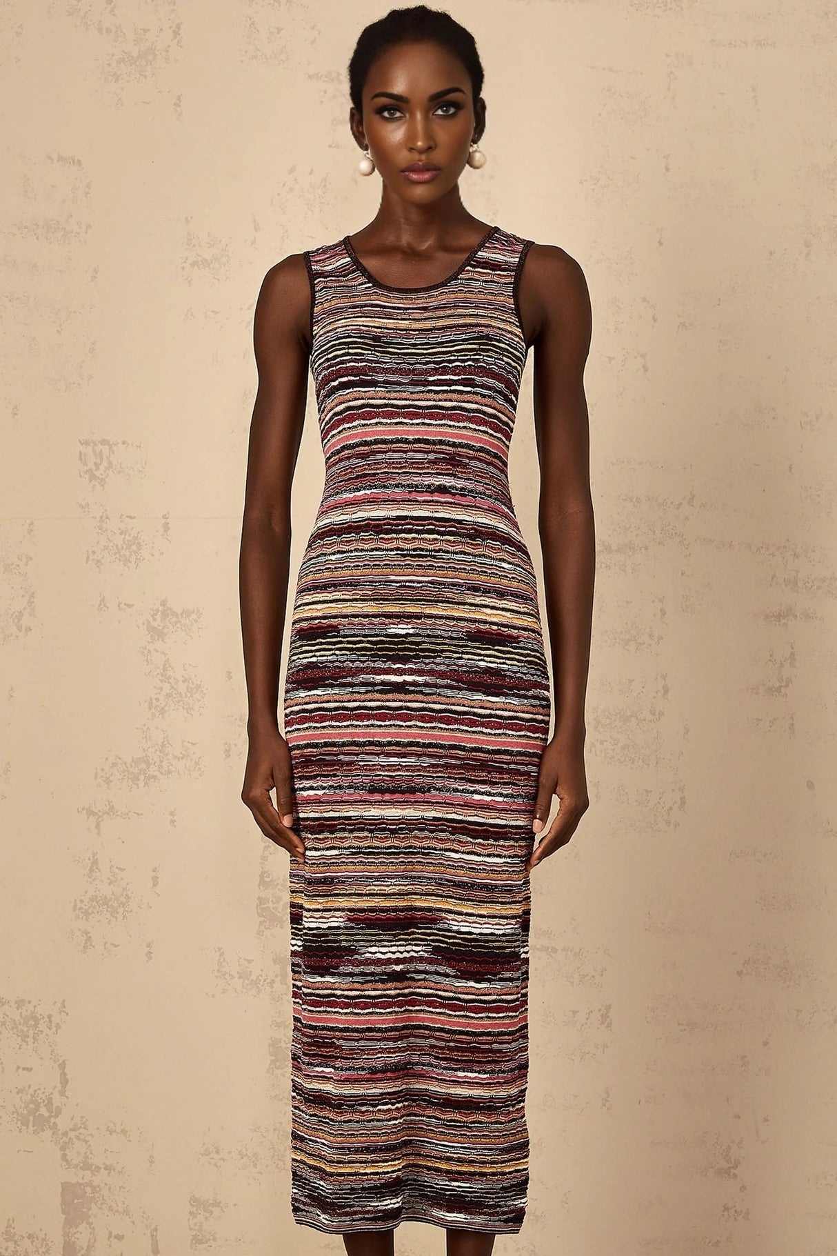 Rory Midi Dress Purple Striped Crochet Knit Sleeveless Straight Hem