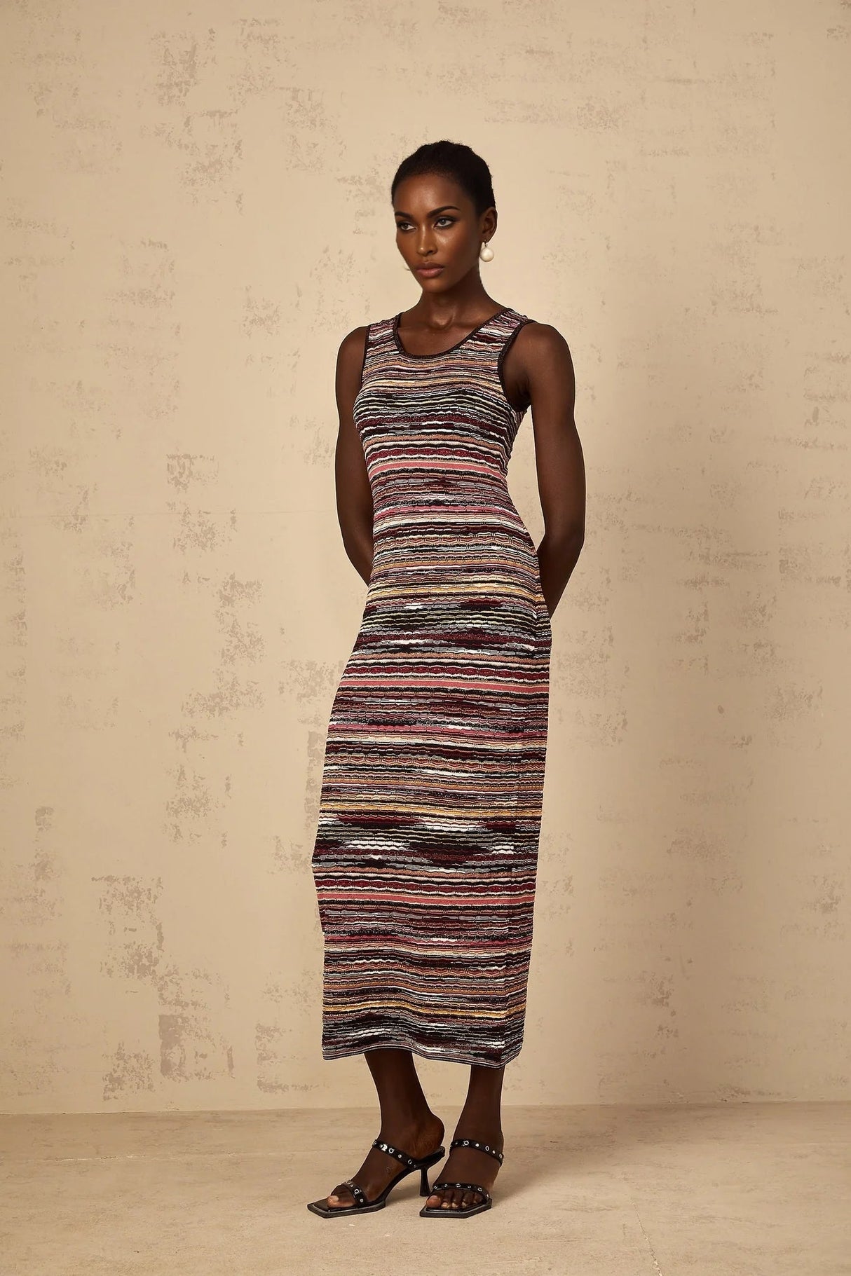 Rory Midi Dress Purple Striped Crochet Knit Sleeveless Straight Hem