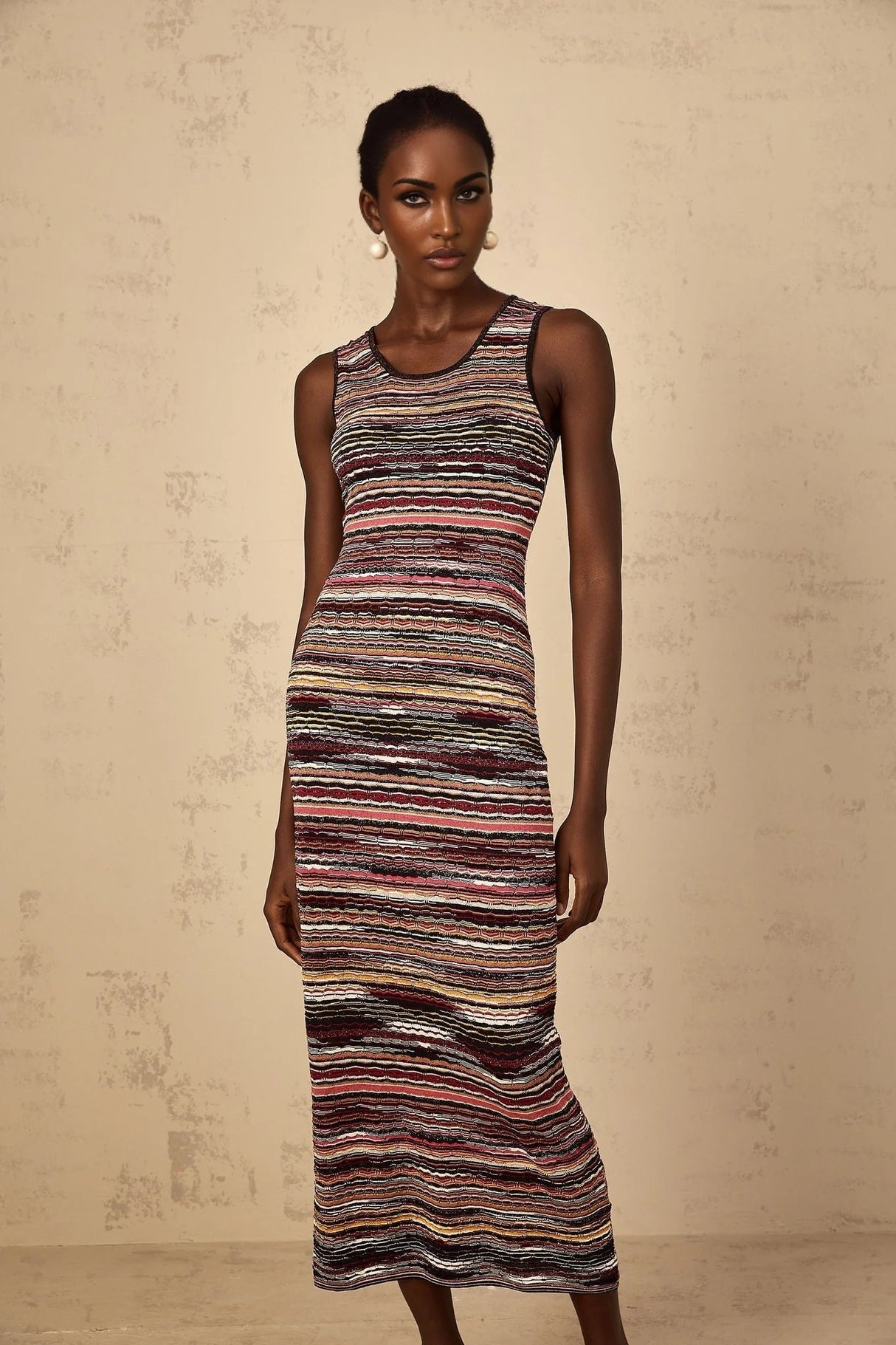 Rory Midi Dress Purple Striped Crochet Knit Sleeveless Straight Hem