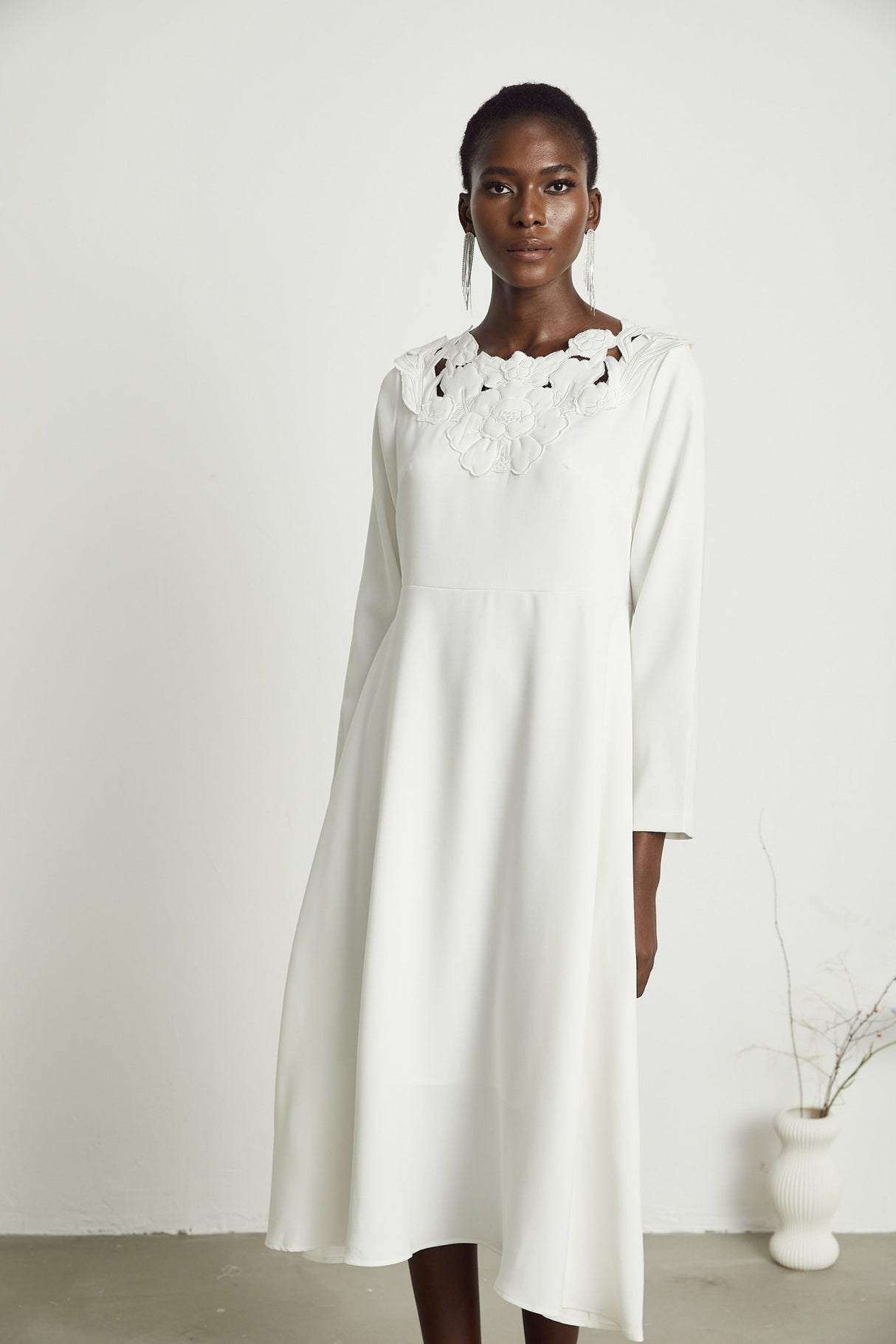 Rosalba Floral Midi Dress Long Sleeve High Waist A - Line Cut Out Design