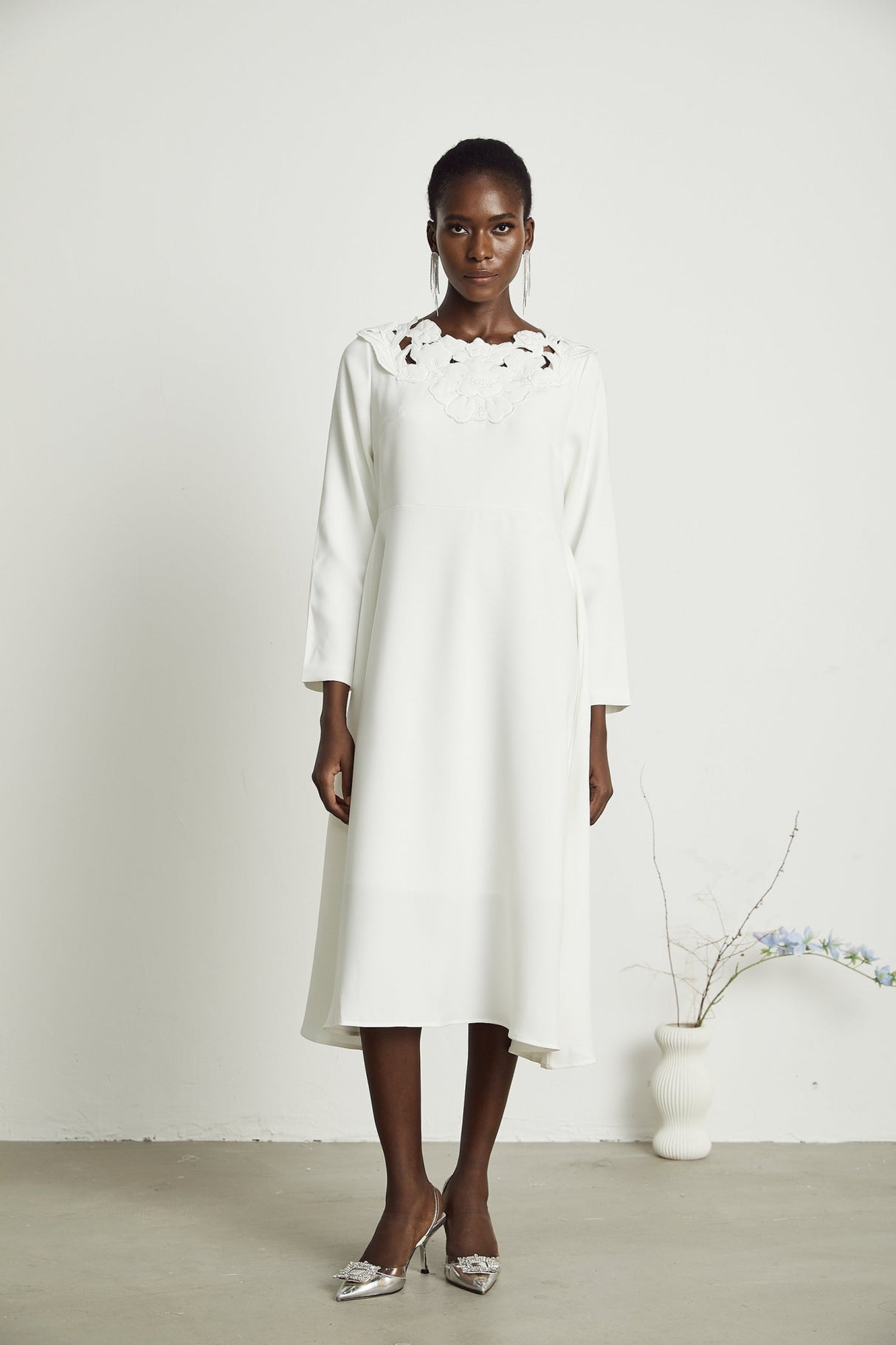 Rosalba Floral Midi Dress Long Sleeve High Waist A - Line Cut Out Design