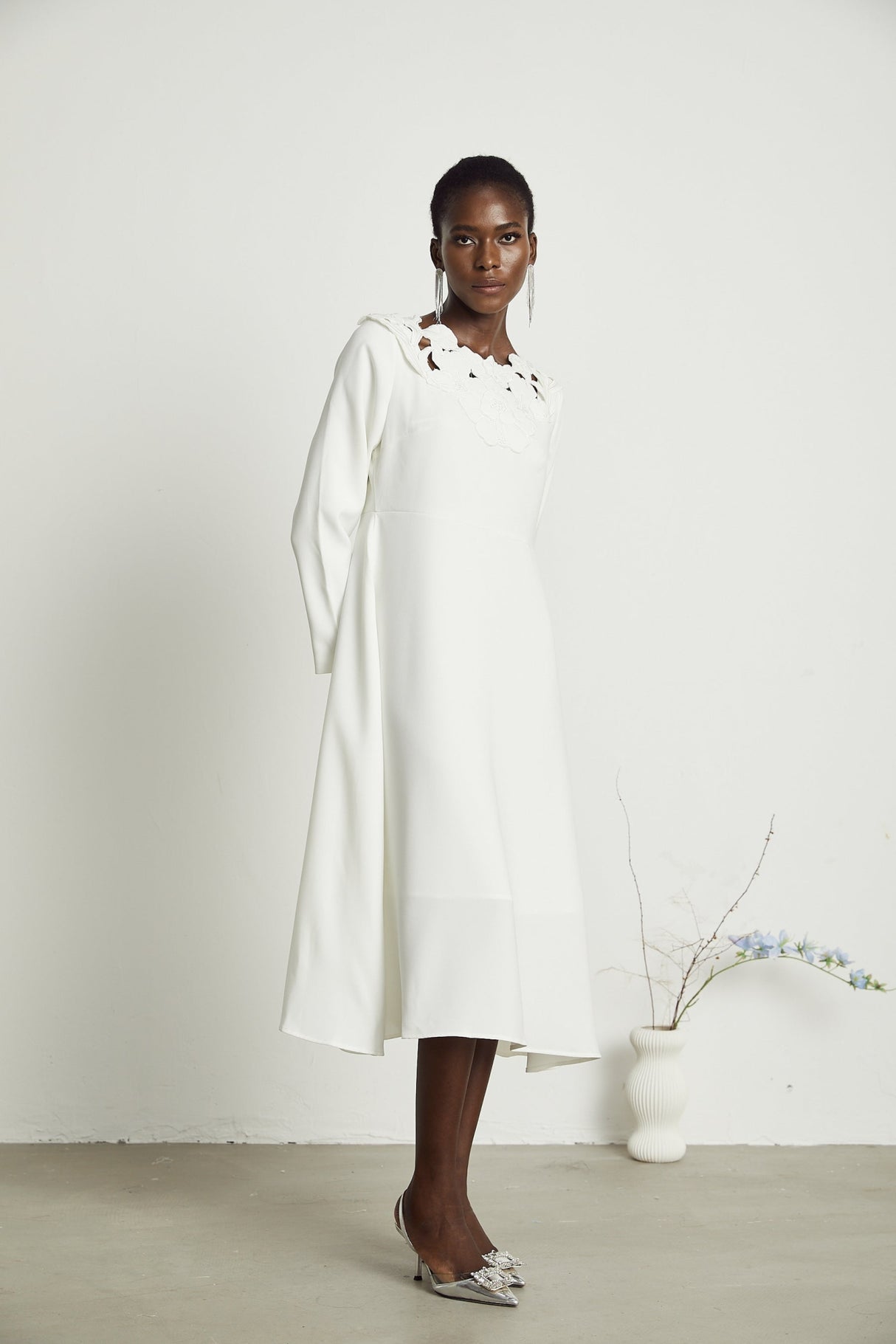 Rosalba Floral Midi Dress Long Sleeve High Waist A - Line Cut Out Design