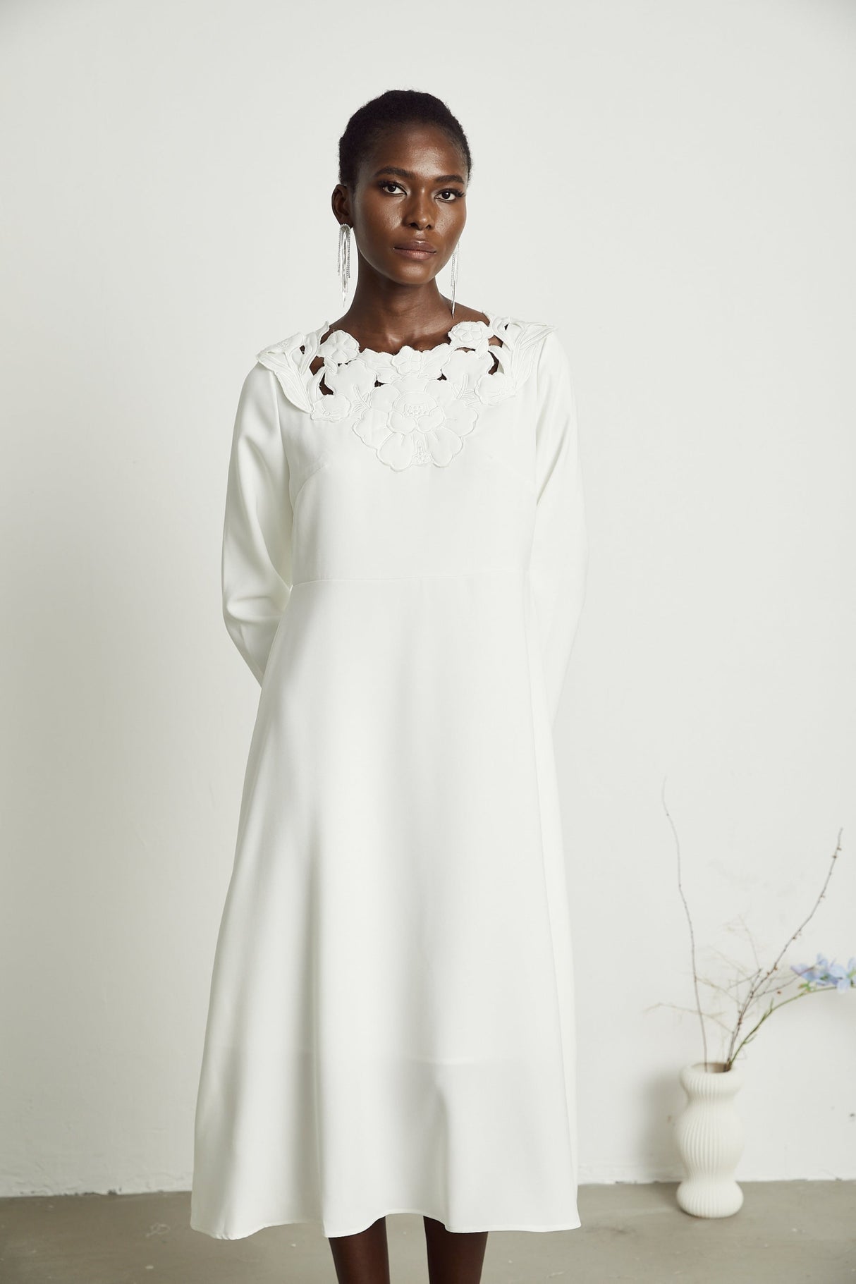 Rosalba Floral Midi Dress Long Sleeve High Waist A - Line Cut Out Design