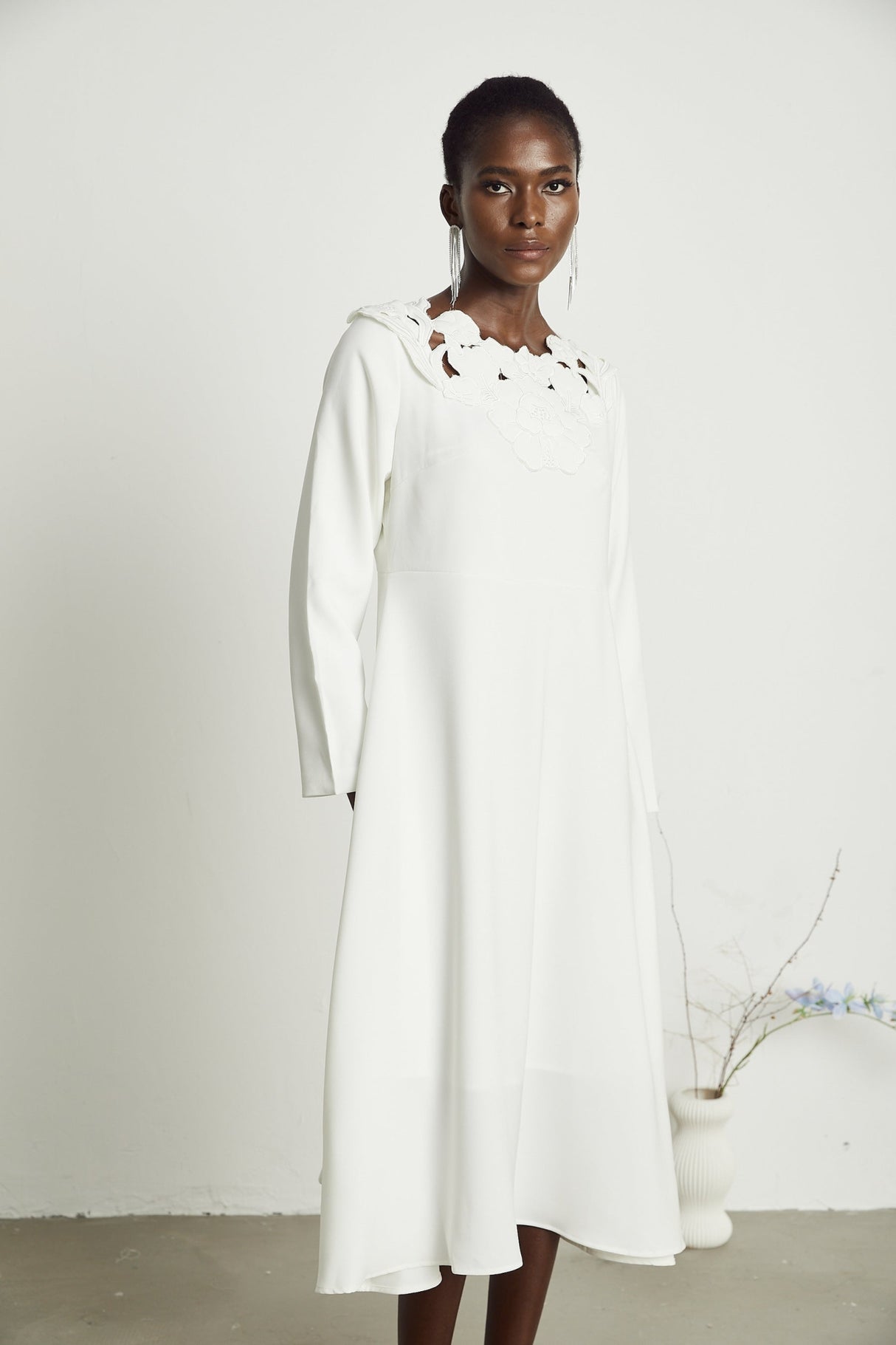 Rosalba Floral Midi Dress Long Sleeve High Waist A - Line Cut Out Design