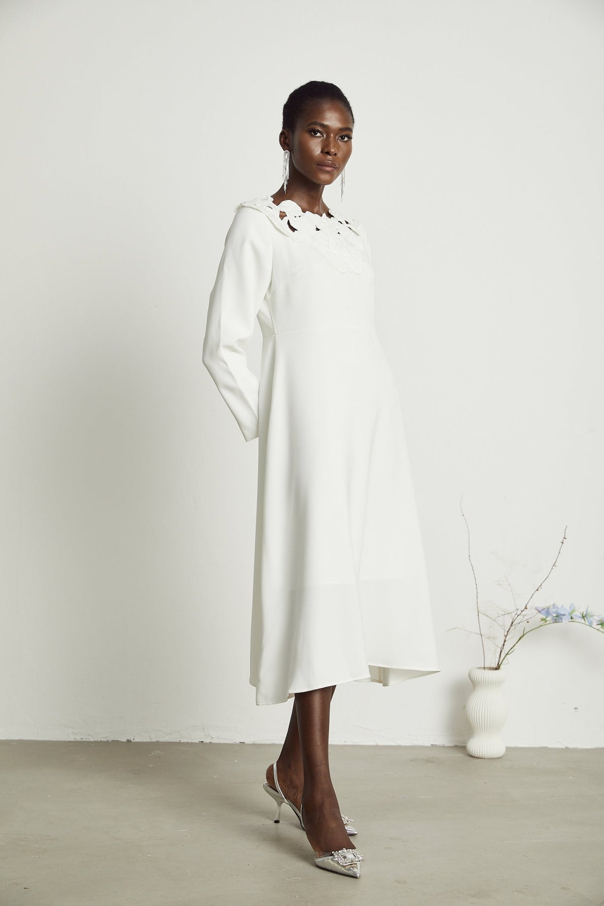 Rosalba Floral Midi Dress Long Sleeve High Waist A - Line Cut Out Design