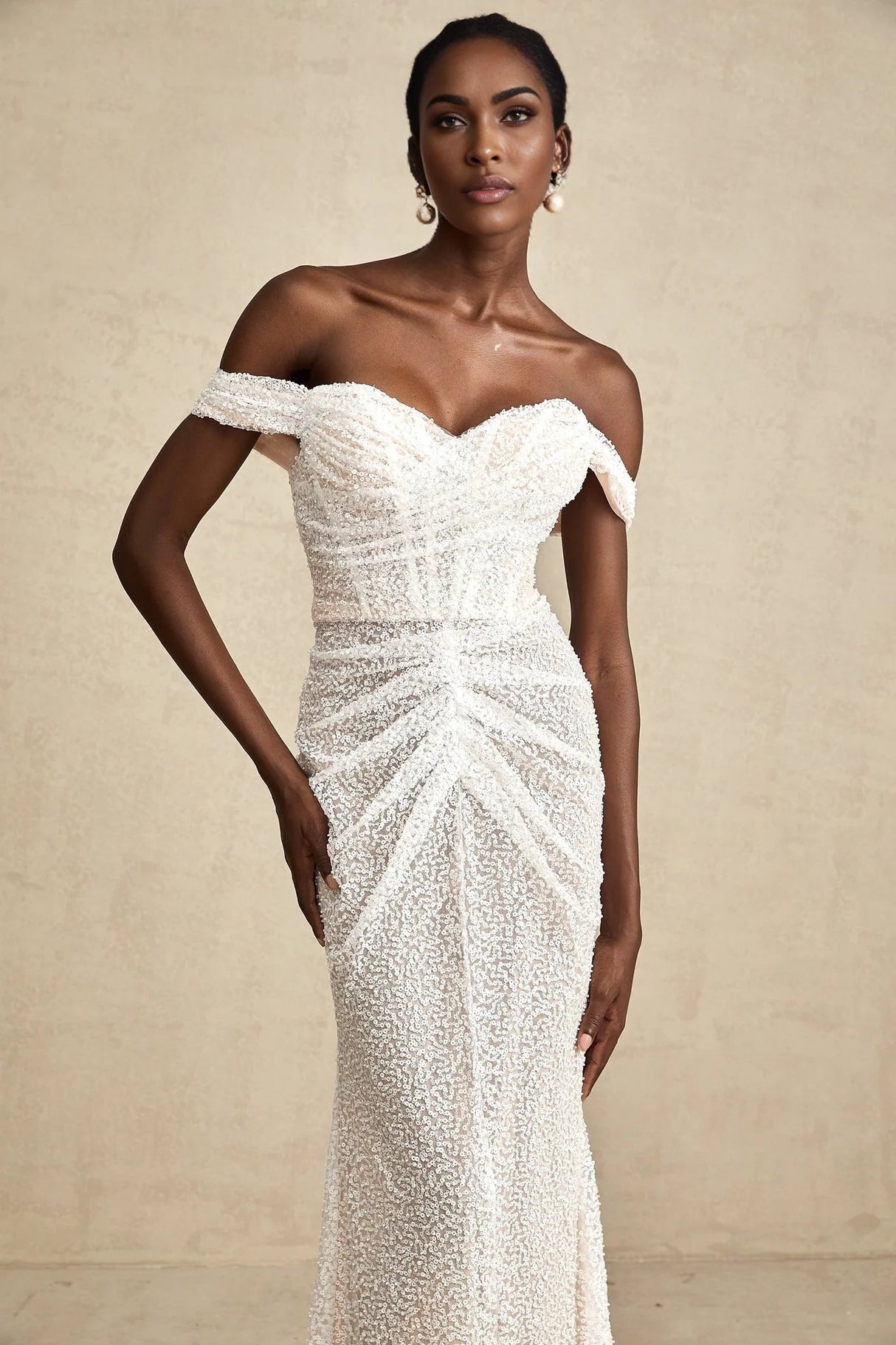 Rosalba Maxi Dress White Sequin Off - Shoulder