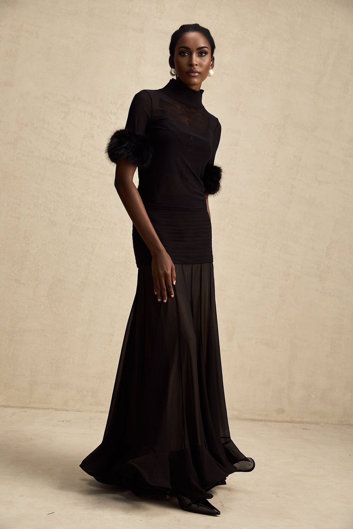 Rosalba Top Black Faux Fur Tulle & Faux Mink Fur