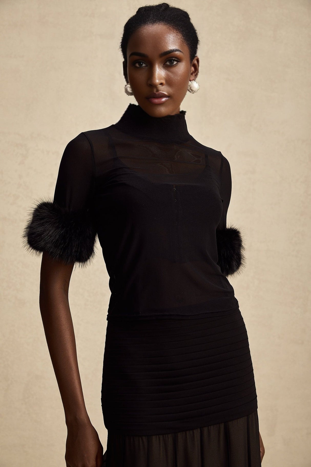 Rosalba Top Black Faux Fur Tulle & Faux Mink Fur