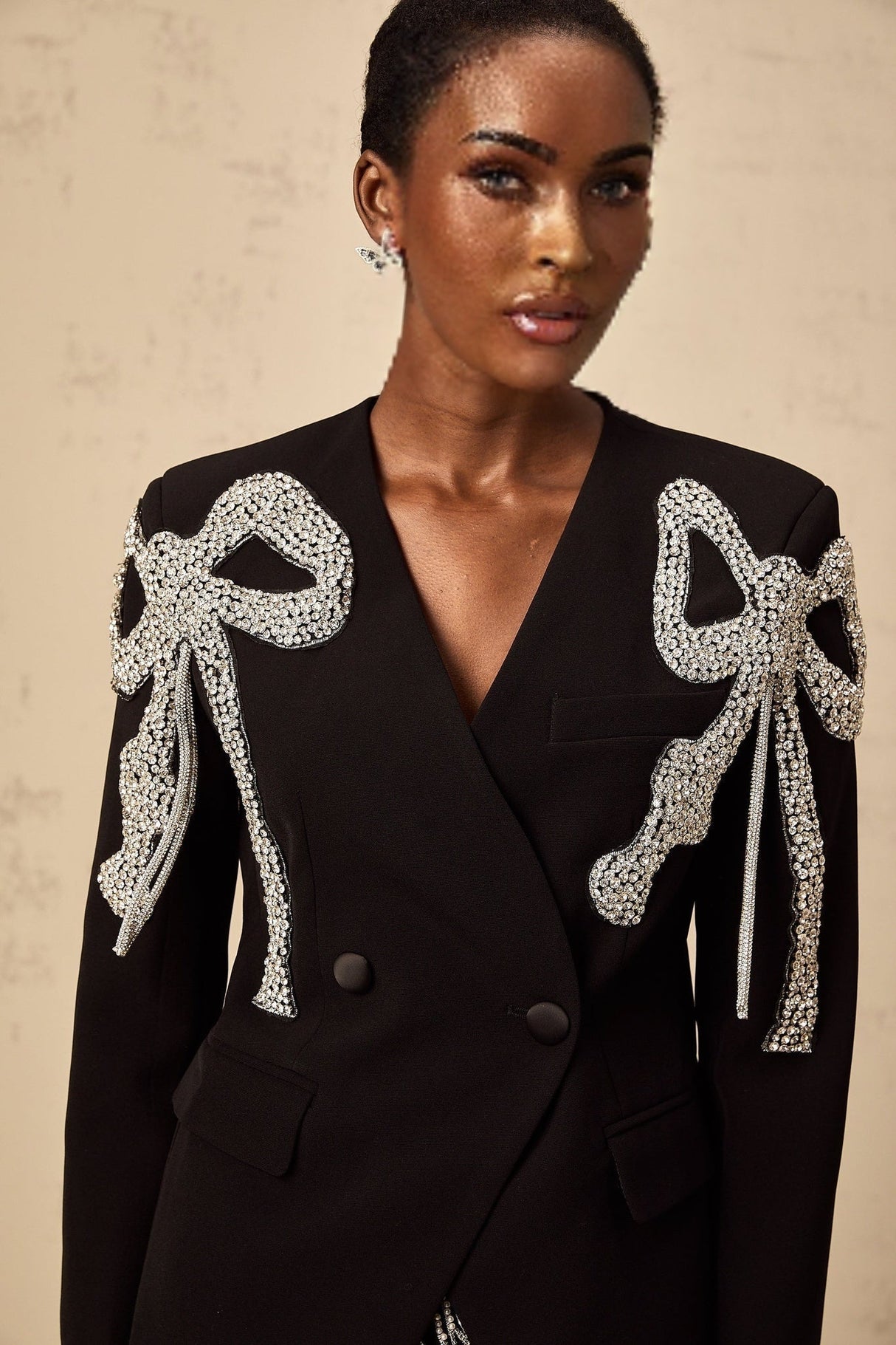 Rosalia Blazer Rosalia Bow Motif Crystal Embellished Black Blazer