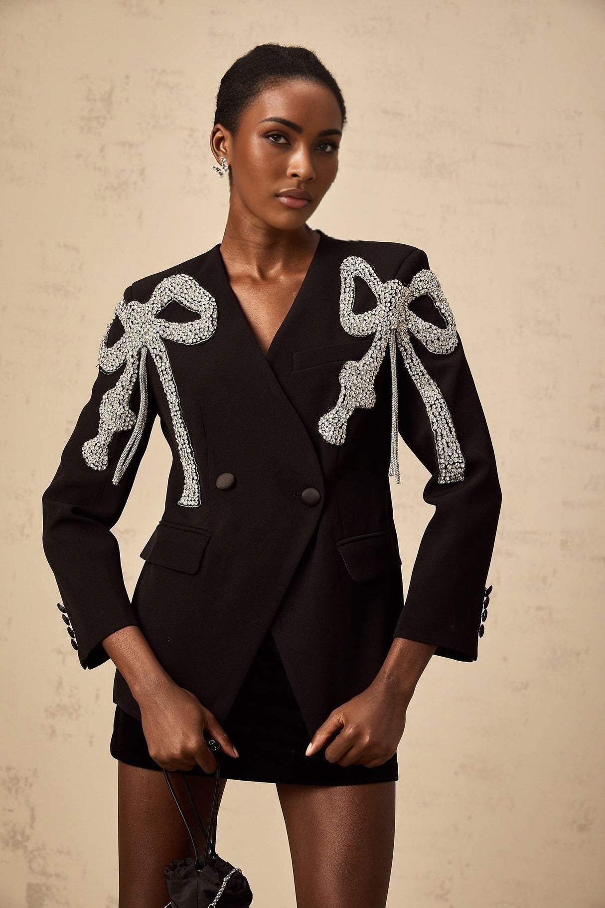 Rosalia Blazer Rosalia Bow Motif Crystal Embellished Black Blazer