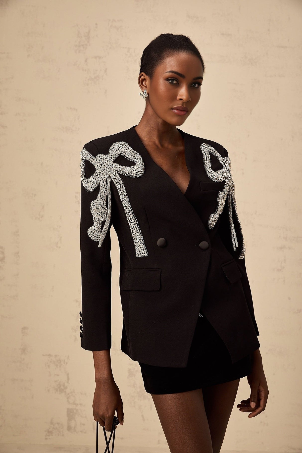 Rosalia Blazer Rosalia Bow Motif Crystal Embellished Black Blazer