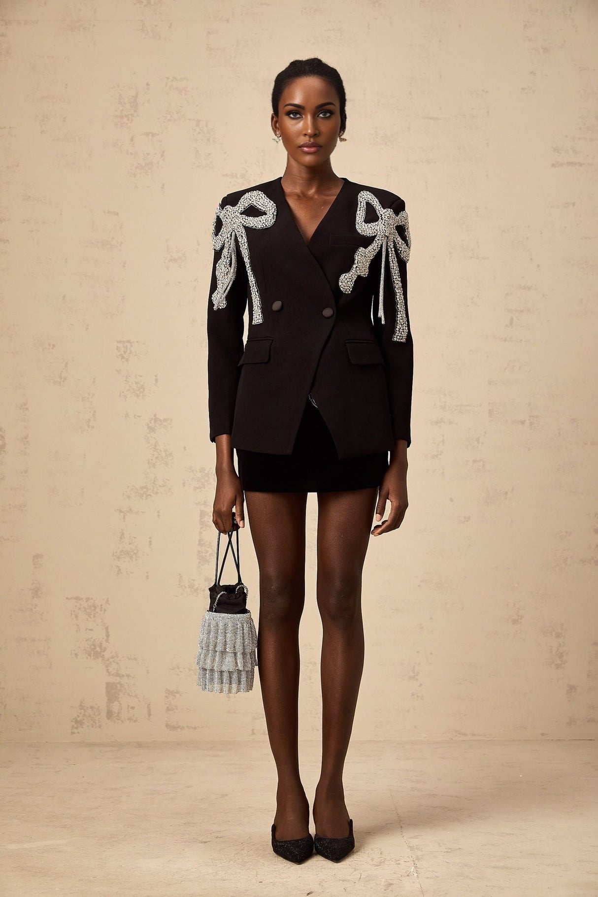 Rosalia Blazer Rosalia Bow Motif Crystal Embellished Black Blazer