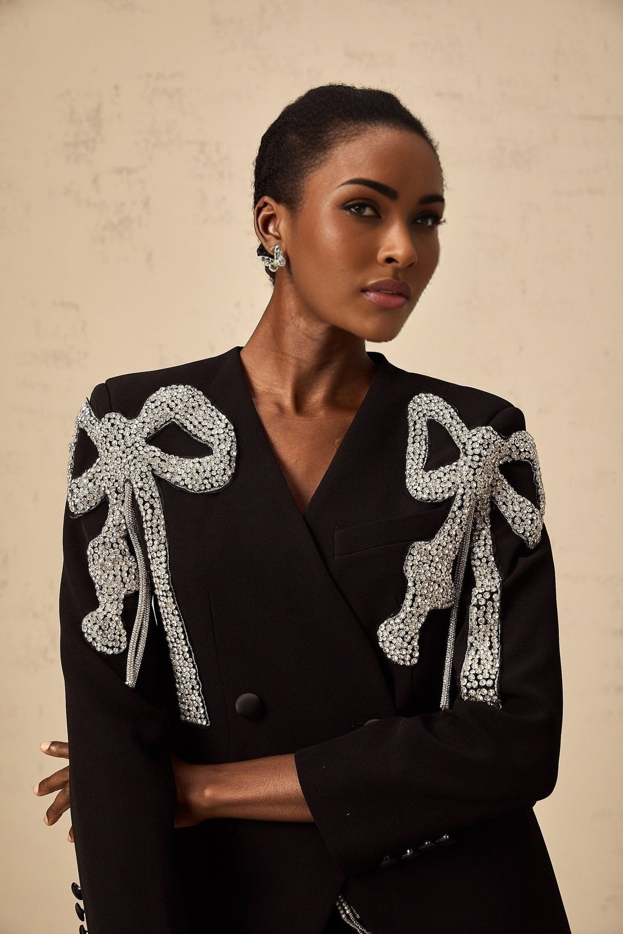 Rosalia Blazer Rosalia Bow Motif Crystal Embellished Black Blazer