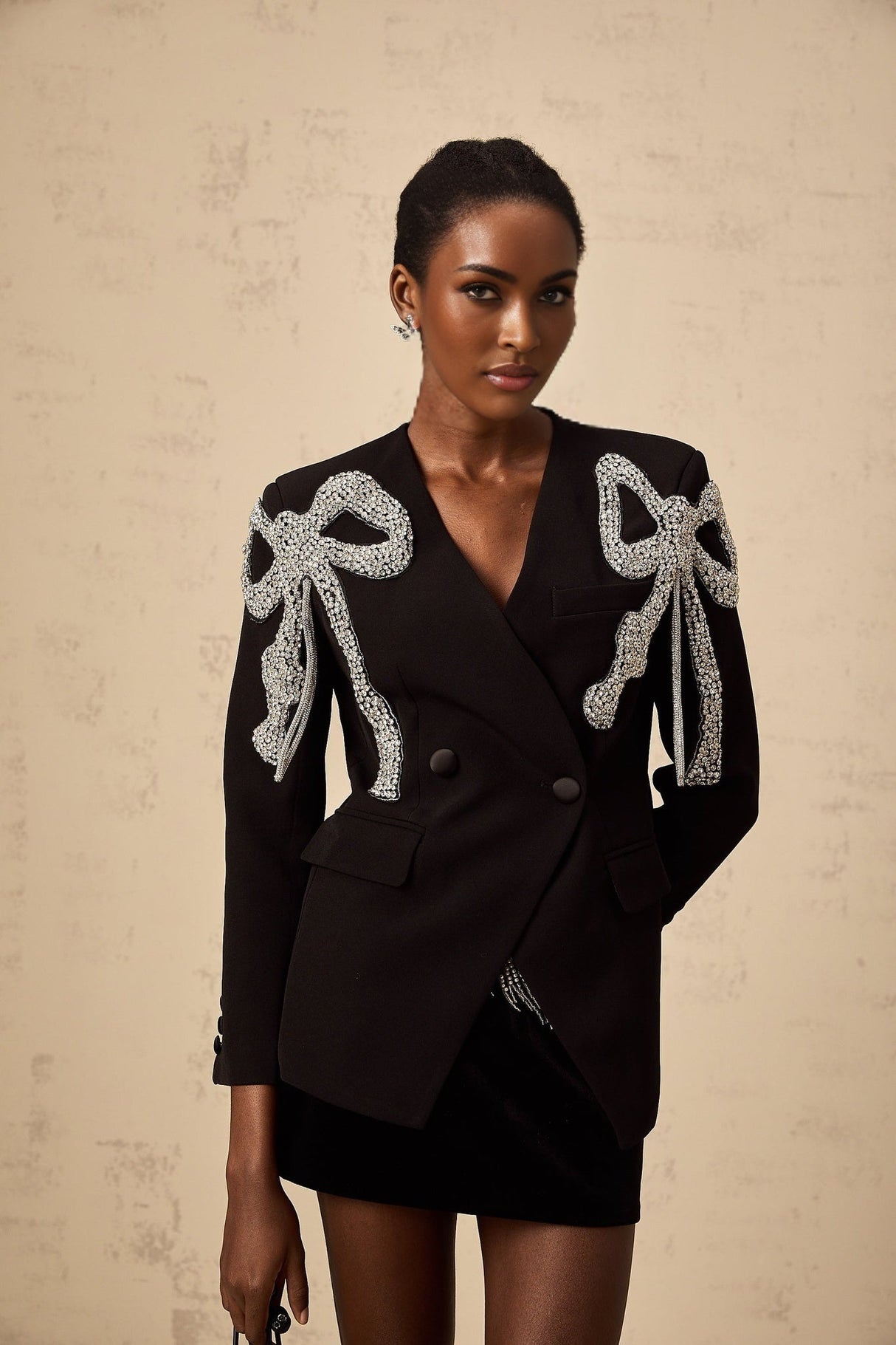 Rosalia Blazer Rosalia Bow Motif Crystal Embellished Black Blazer