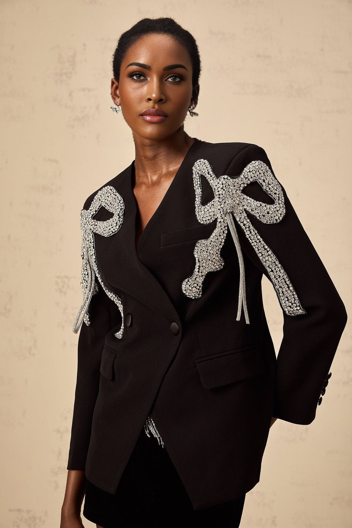 Rosalia Blazer Rosalia Bow Motif Crystal Embellished Black Blazer