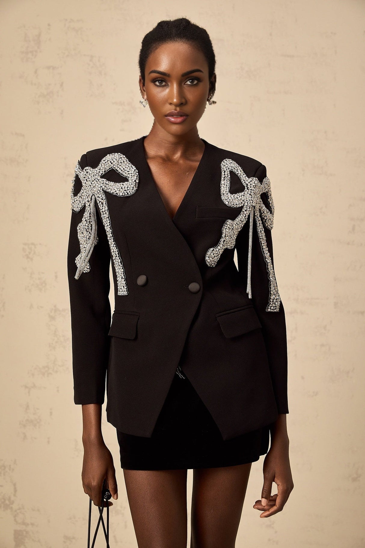 Rosalia Blazer Rosalia Bow Motif Crystal Embellished Black Blazer